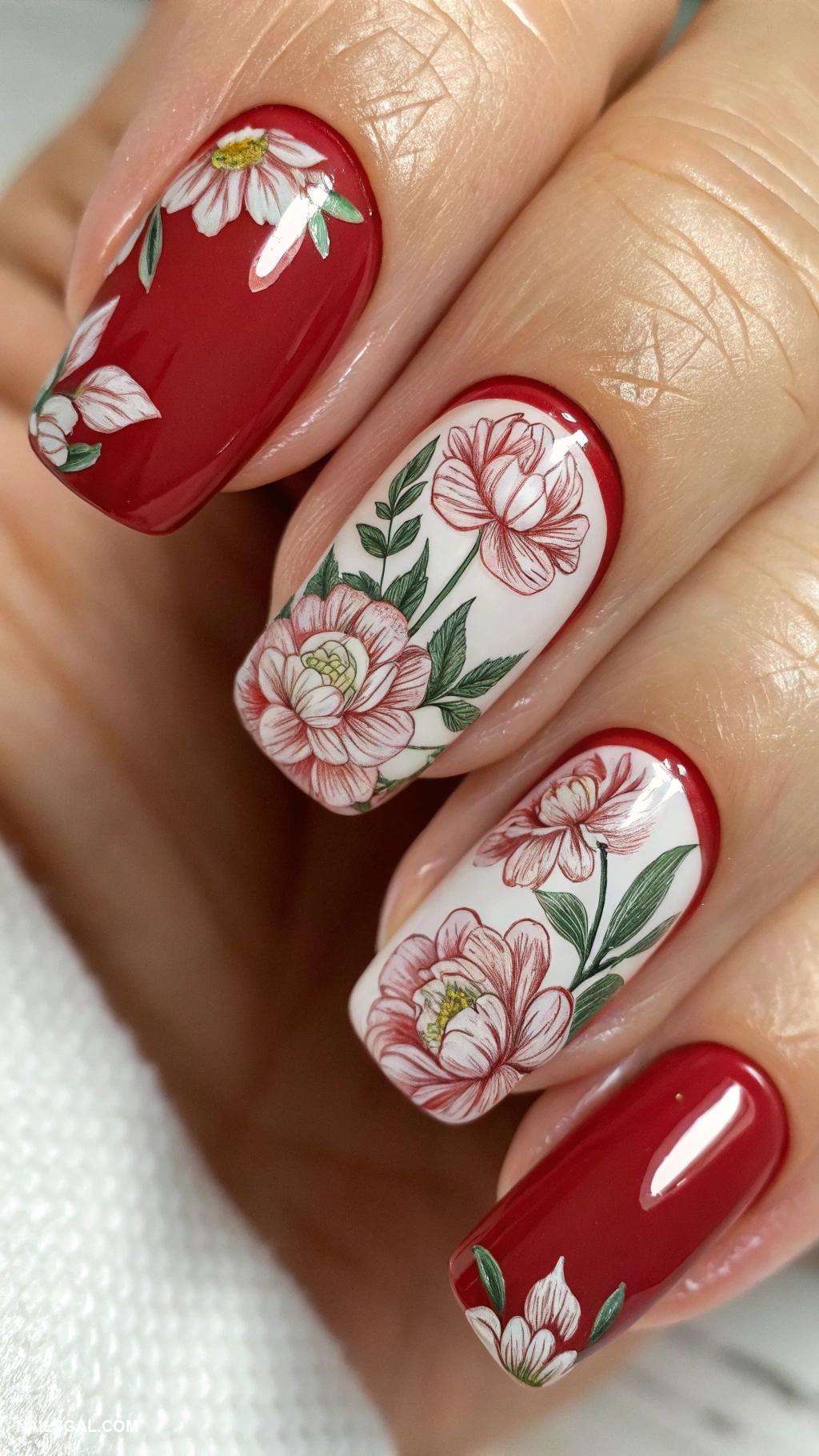 peony nails Vintage peony patterns on classic red
