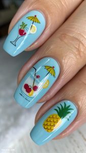 pina colada nails Bright blue with hand painted cocktails