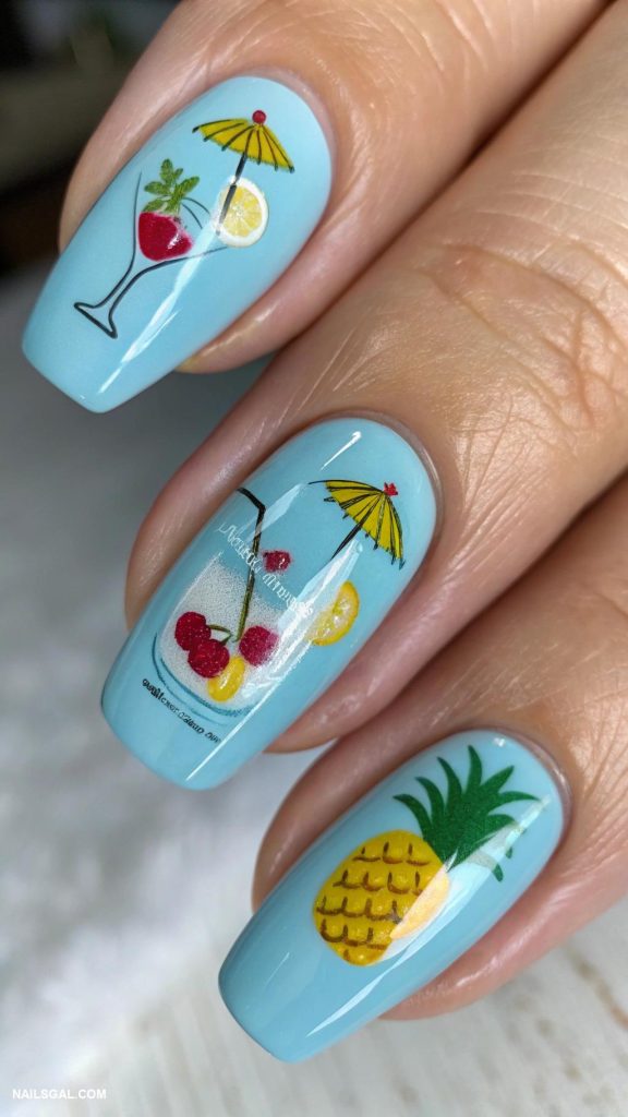 pina colada nails Bright blue with hand painted cocktails