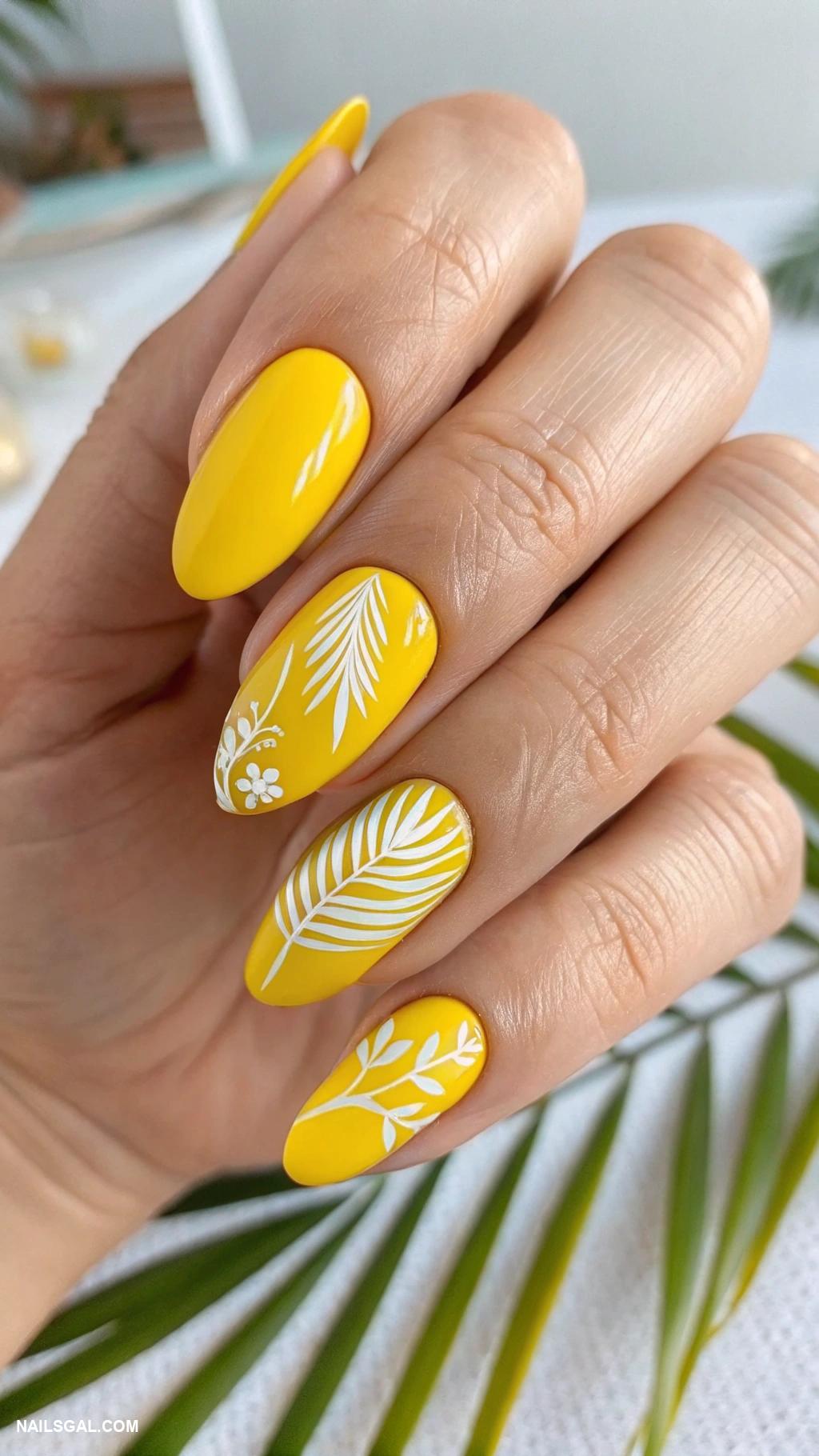 pina colada nails Bright yellow with white leaf patterns