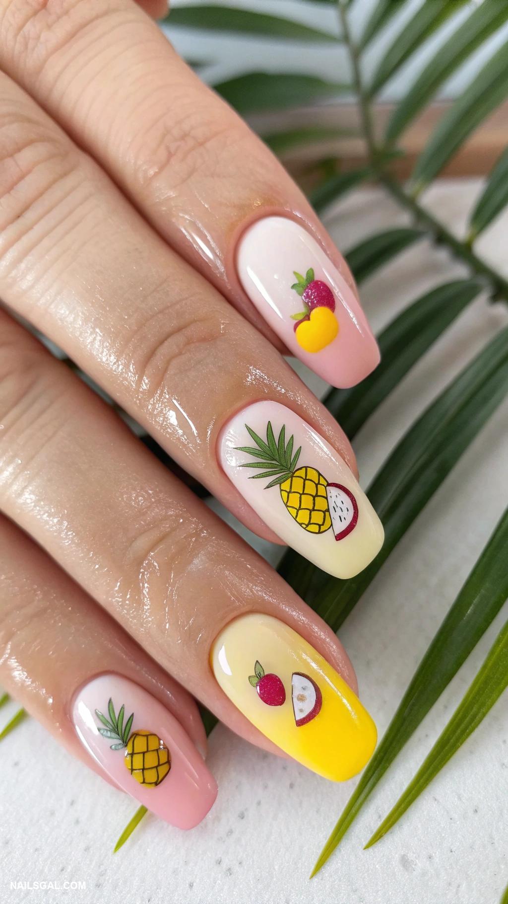 pina colada nails Ombre pink to yellow with tropical fruits
