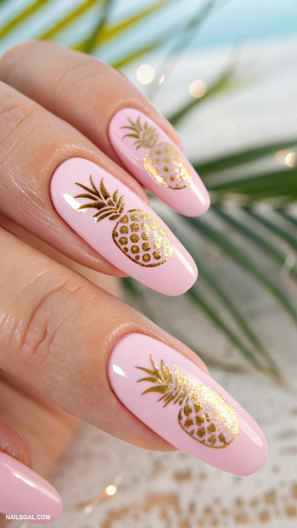 pina colada nails Pastel pink with golden pineapple stickers