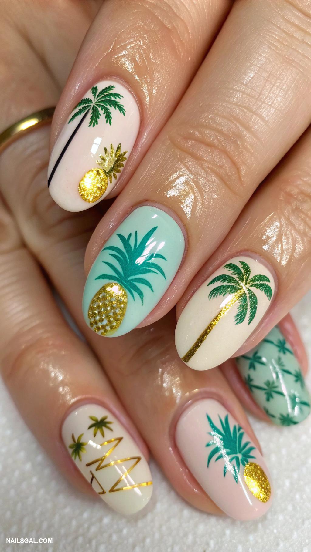 pina colada nails Tropical palm trees on nude background