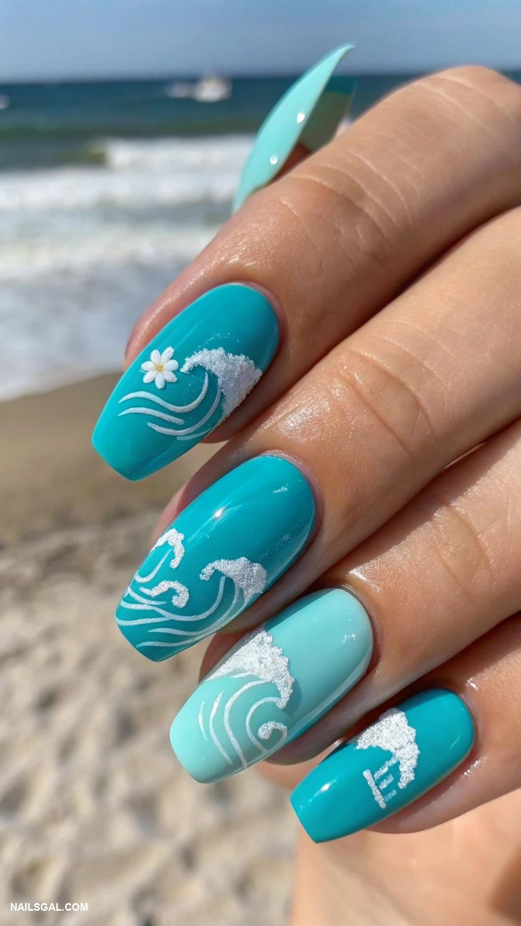 pina colada nails Turquoise base with white waves design