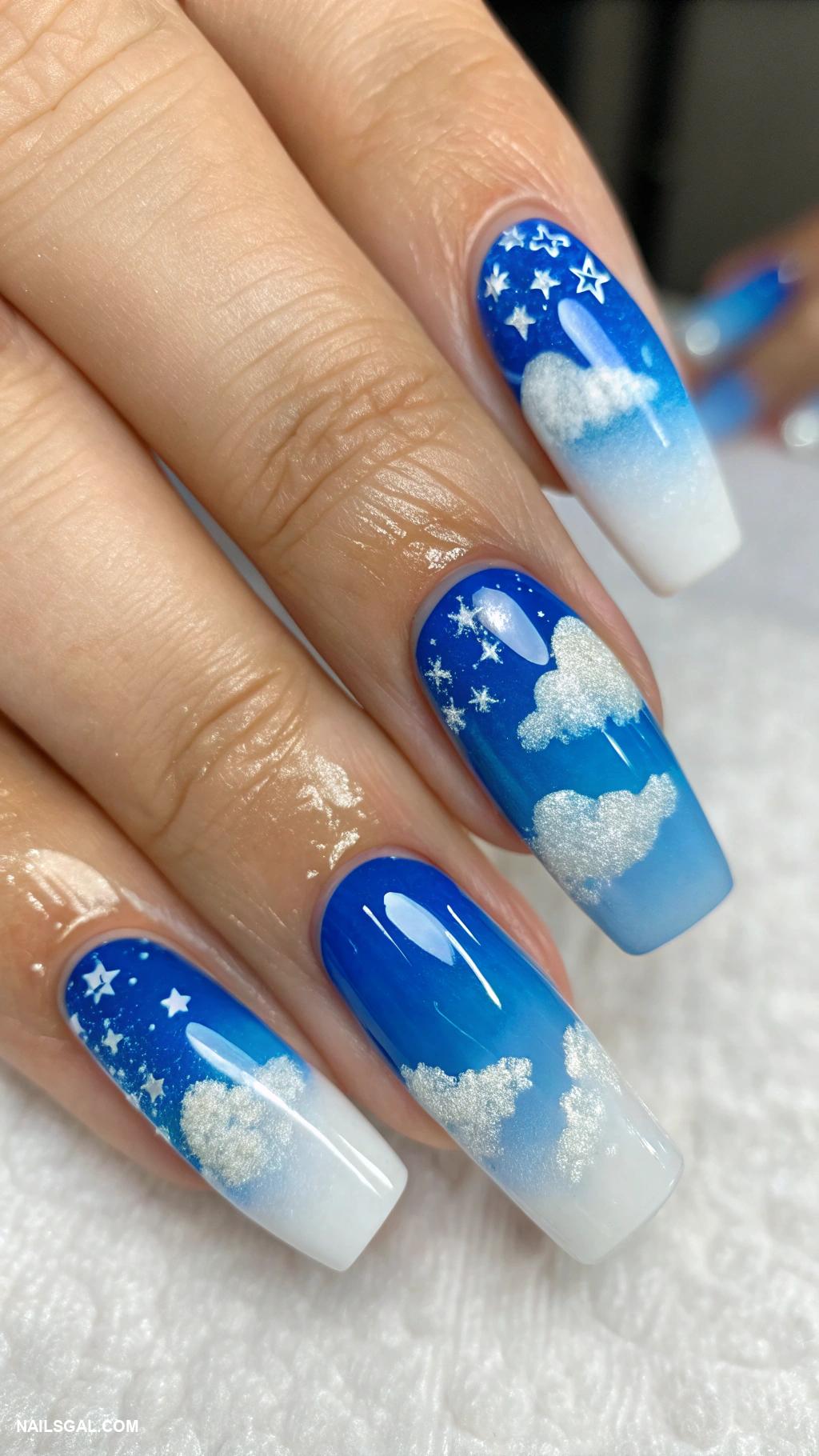 santorini nails Blue and white ombre with cloud accents