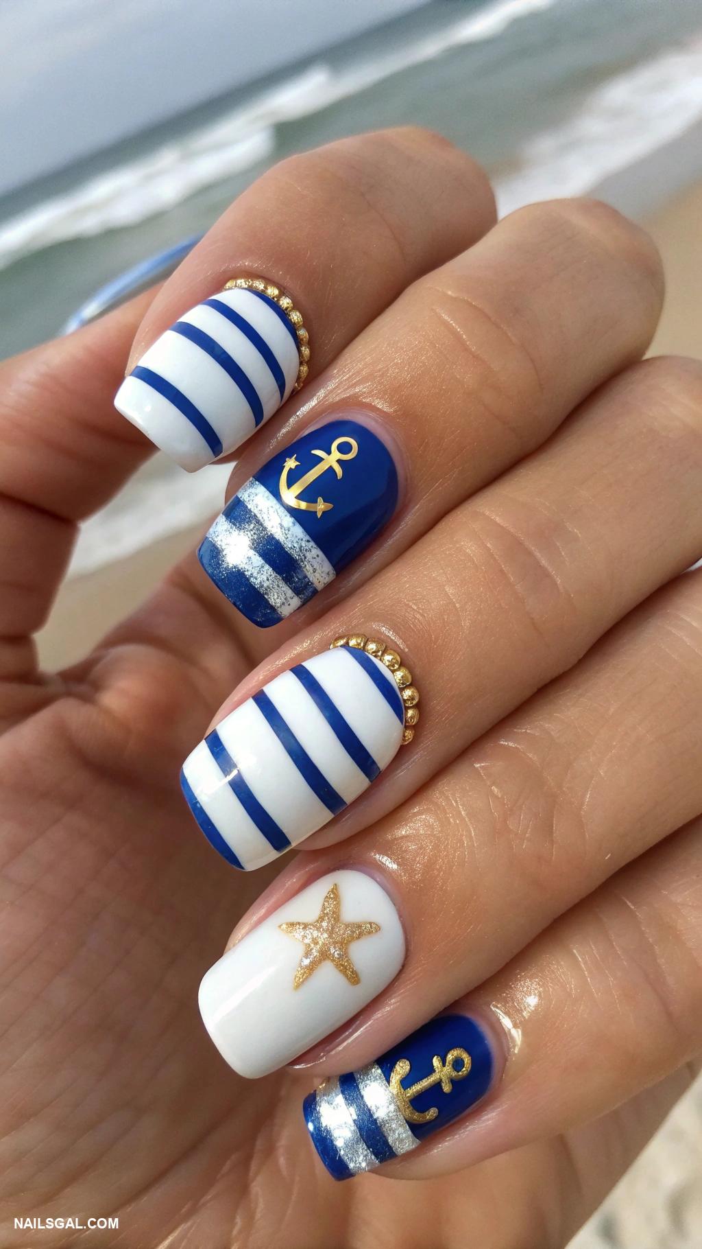 santorini nails Nautical stripes in blue and white colors