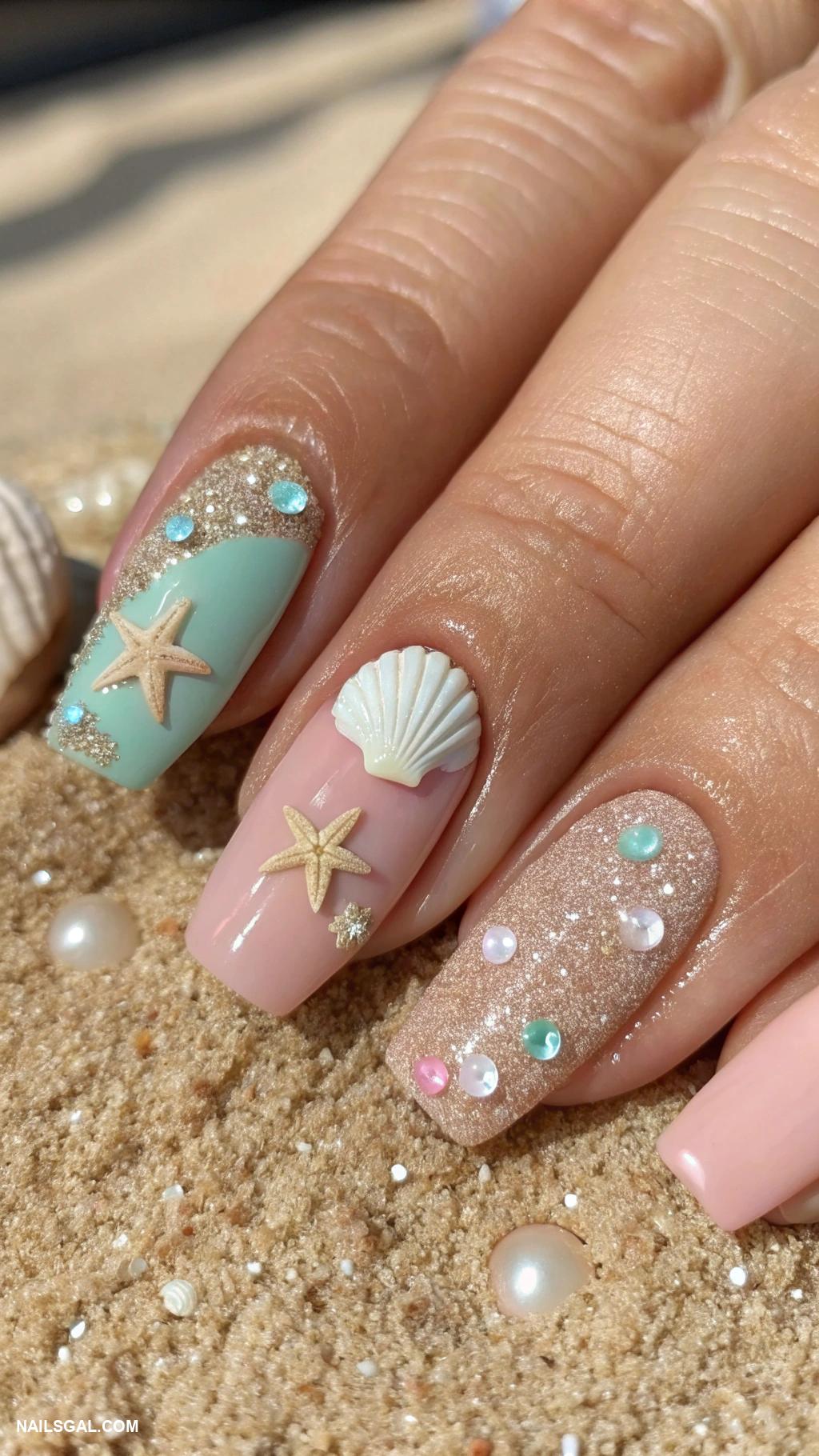 santorini nails Sandy beach texture with seashell embellishments