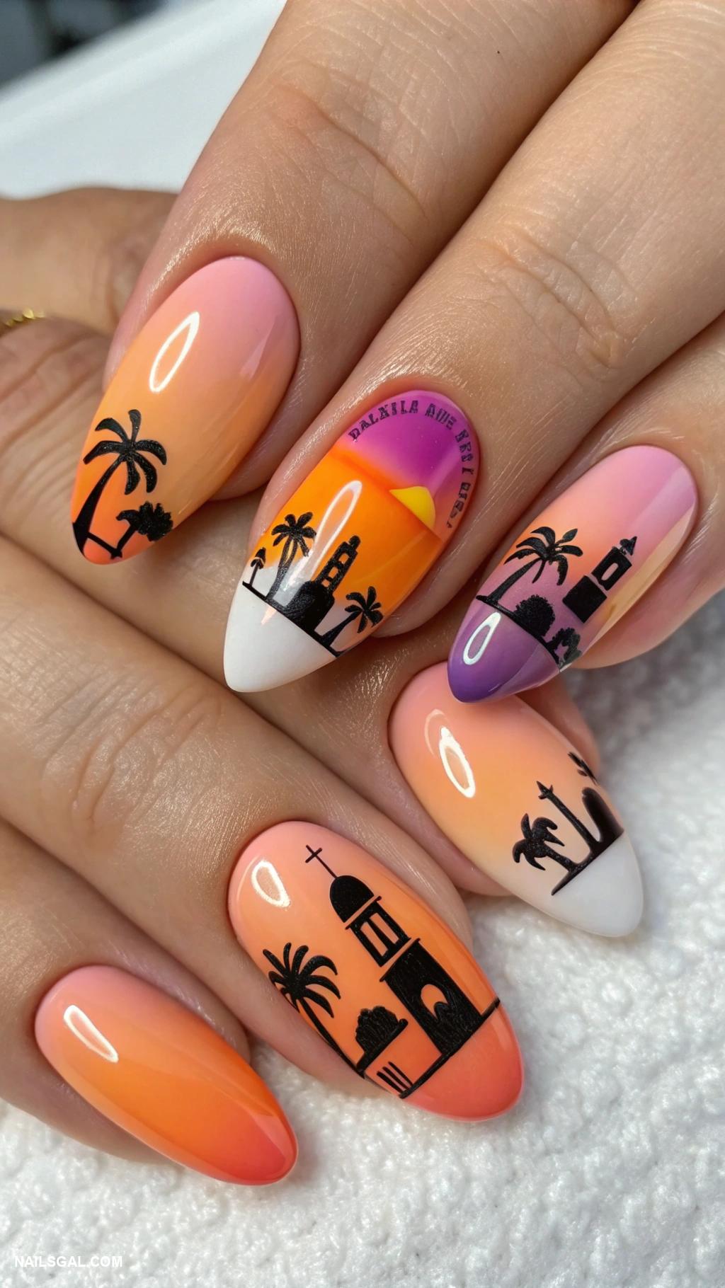 santorini nails Stunning sunset silhouettes against a nude base