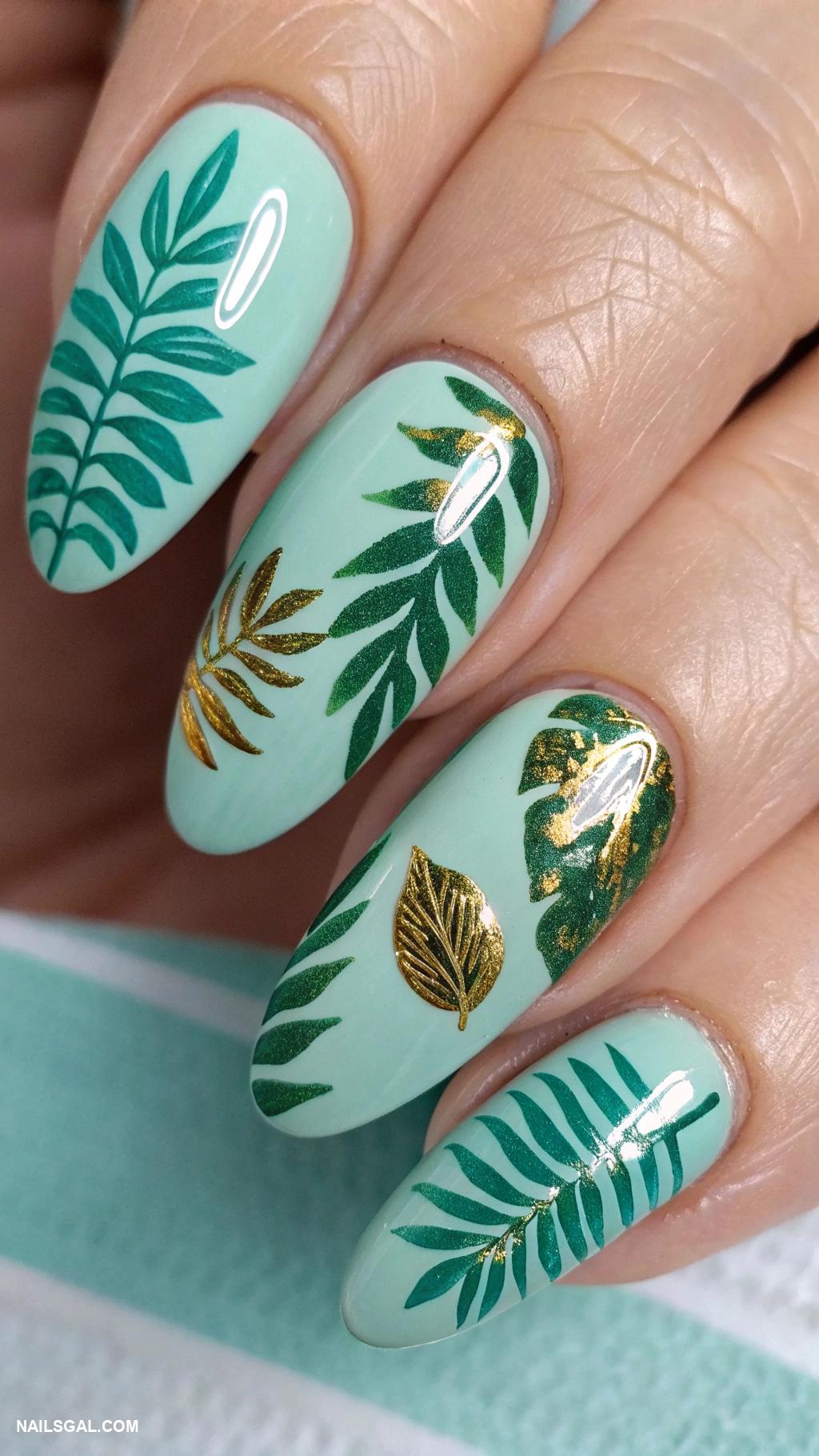 santorini nails Tropical leaves over a soft turquoise base