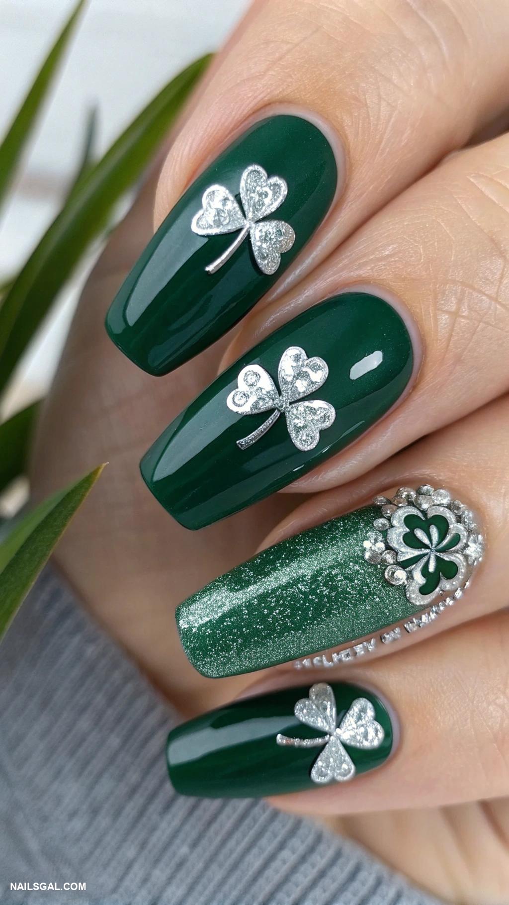 shamrock nails Dark green base with silver shamrock accents