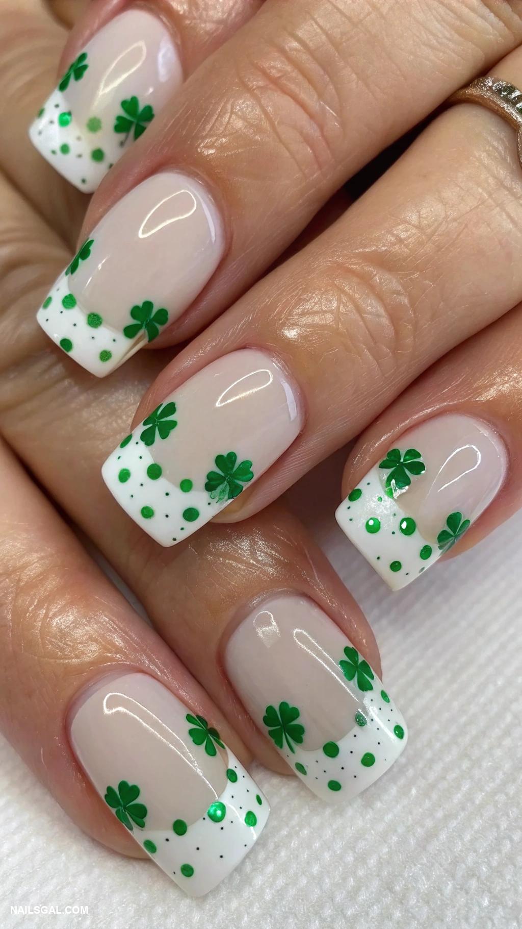 shamrock nails French manicure with shamrock dots