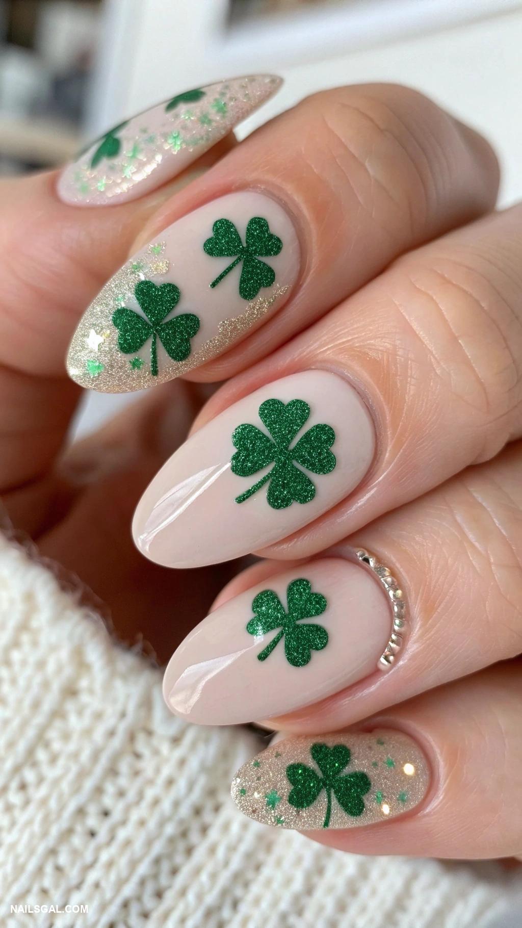 shamrock nails Nude nails with green glitter shamrock stickers
