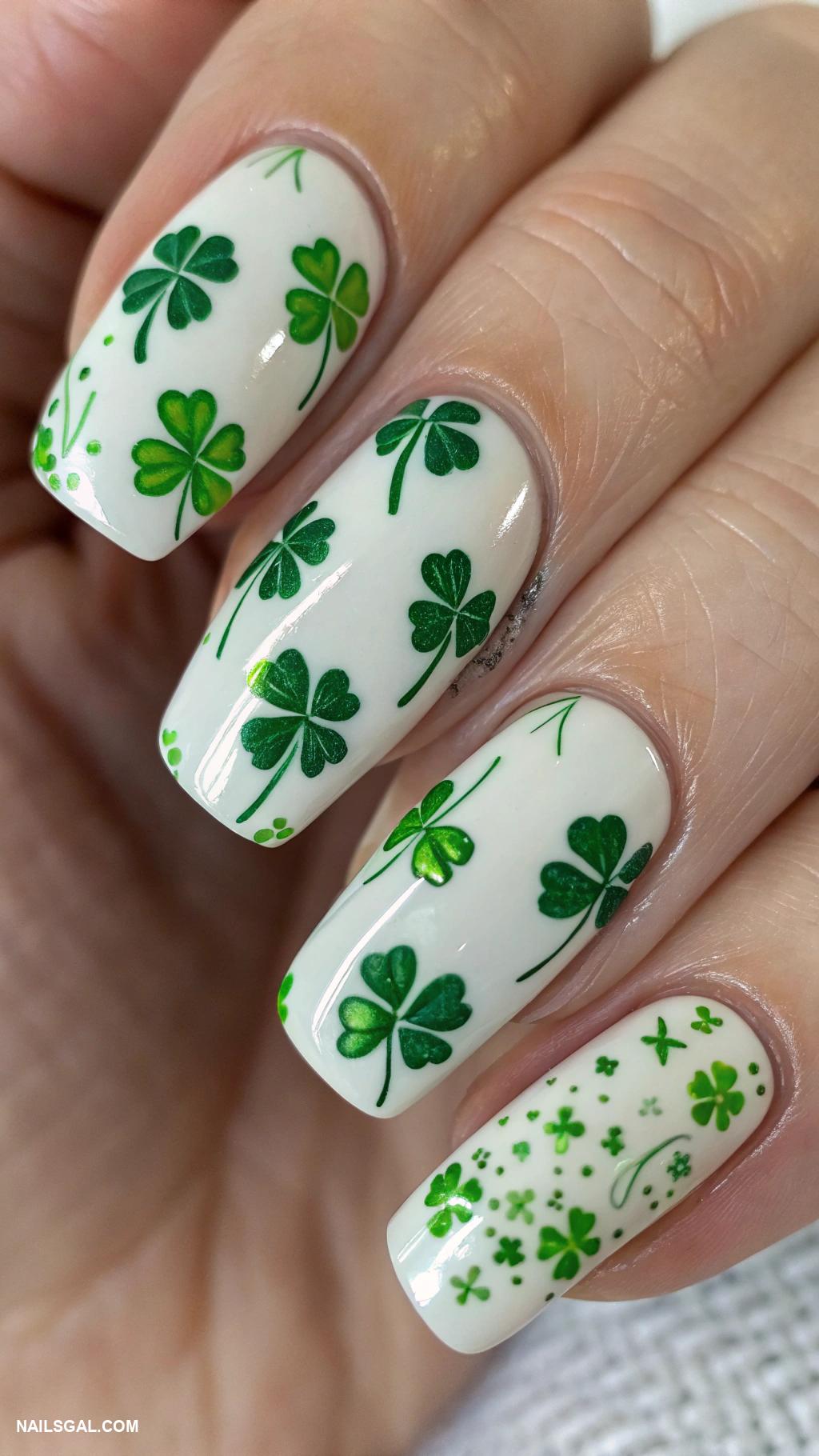 shamrock nails White base with hand painted green shamrocks