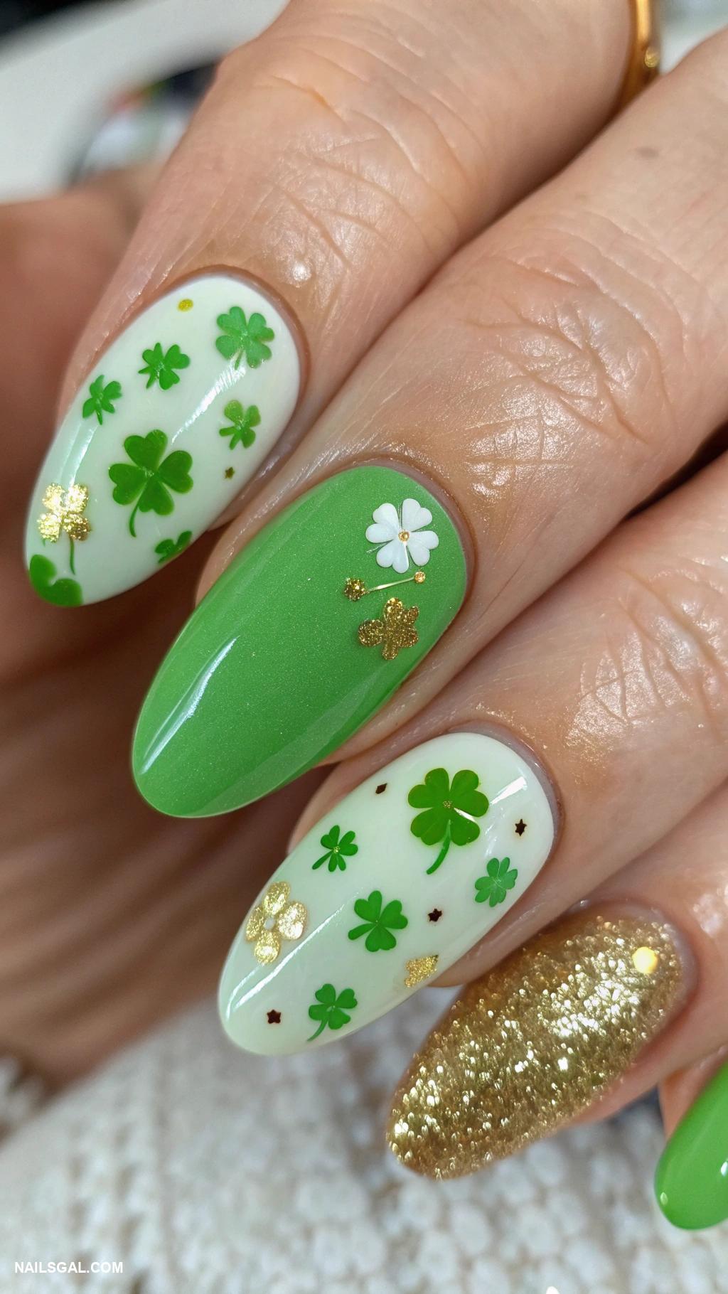 st patricks day nails Bright green with playful four leaf clovers
