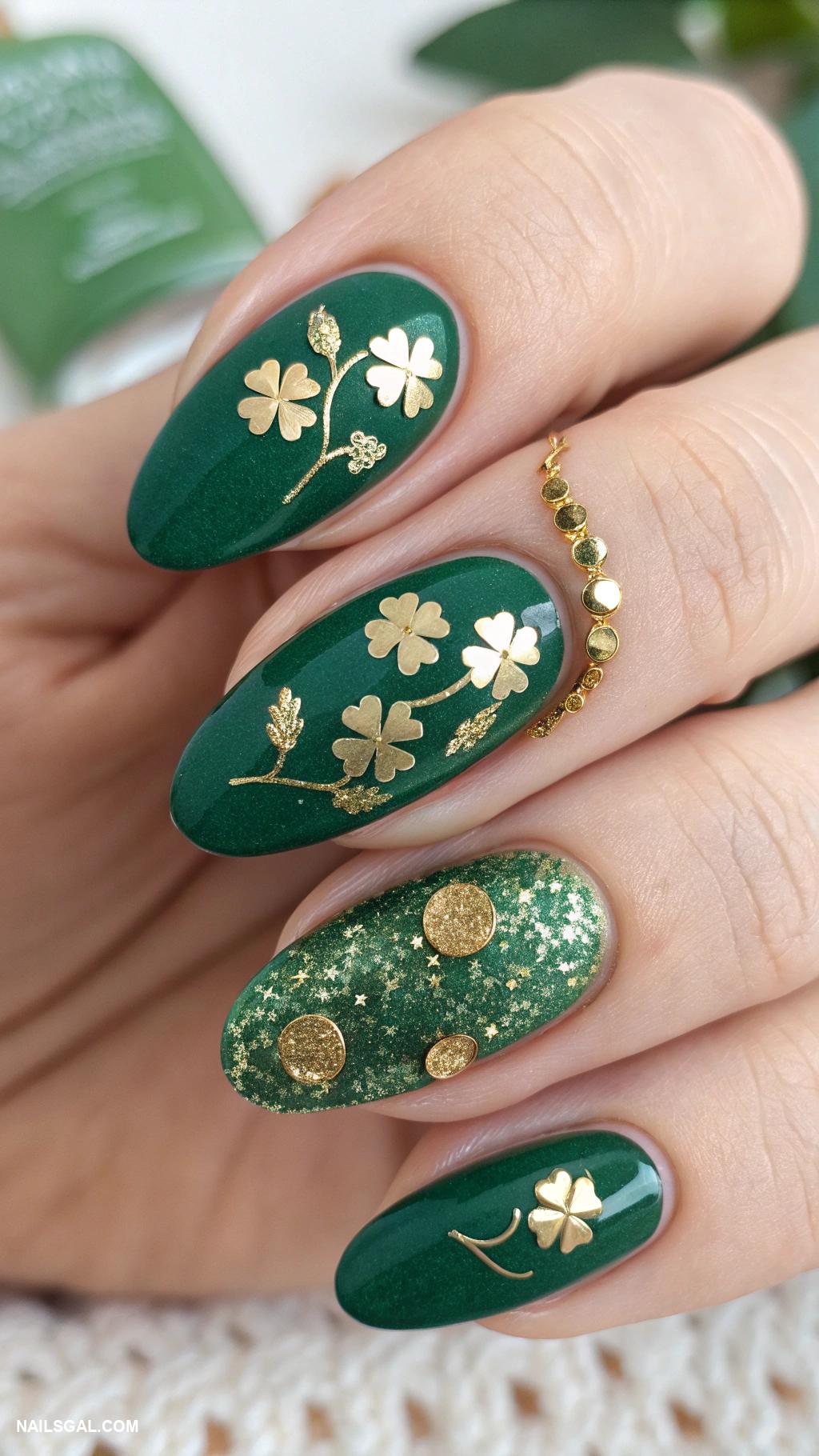 st patricks day nails Emerald green with gold glitter accents