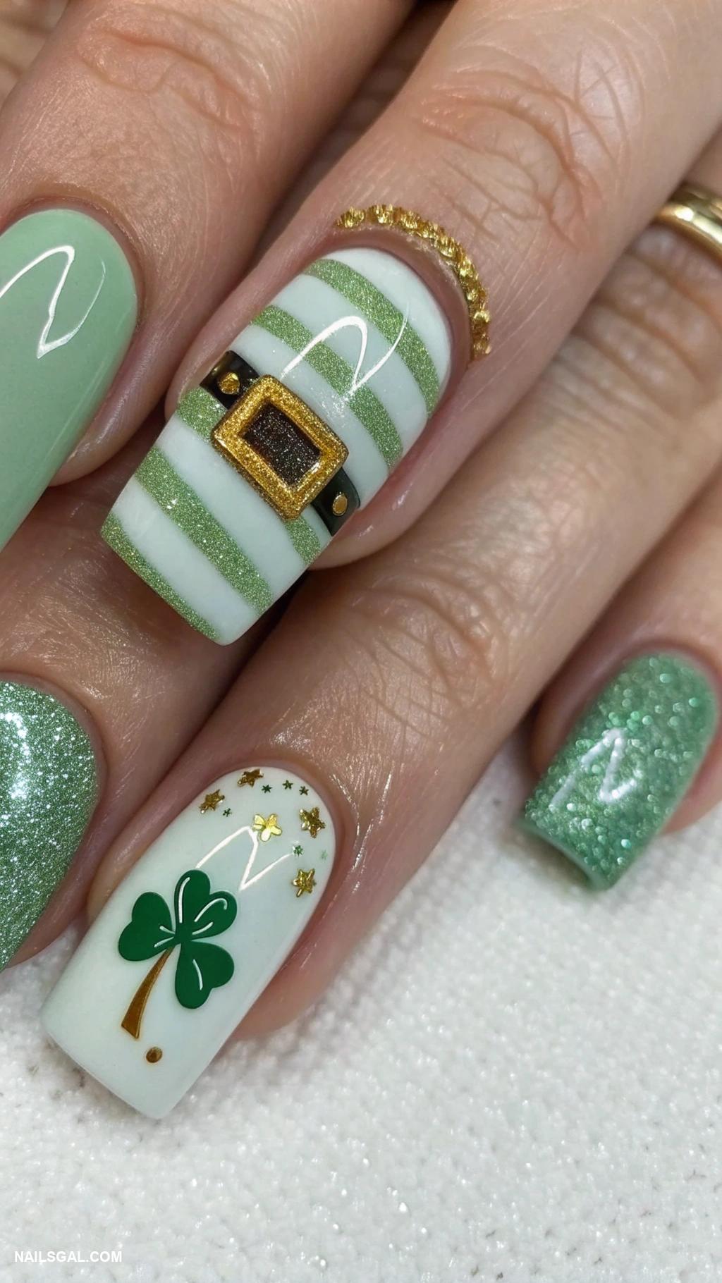 st patricks day nails Glittery leprechaun hat on accent nail