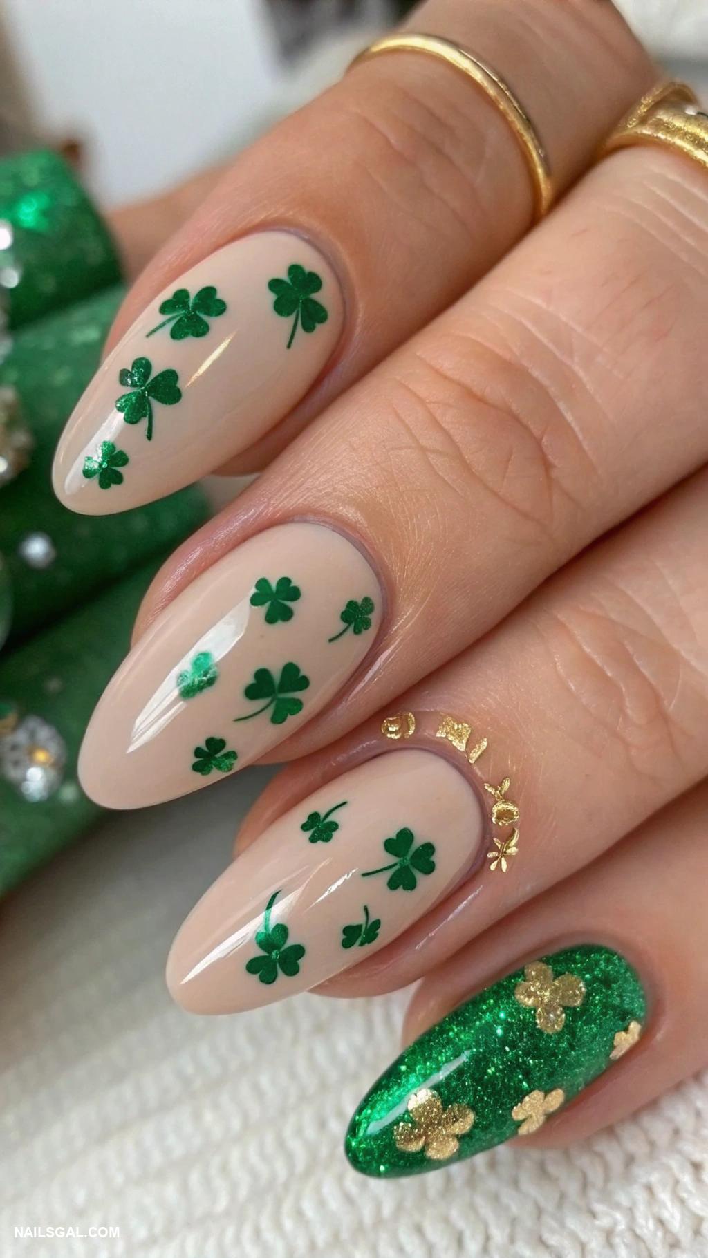 st patricks day nails Naked base with green foil accents