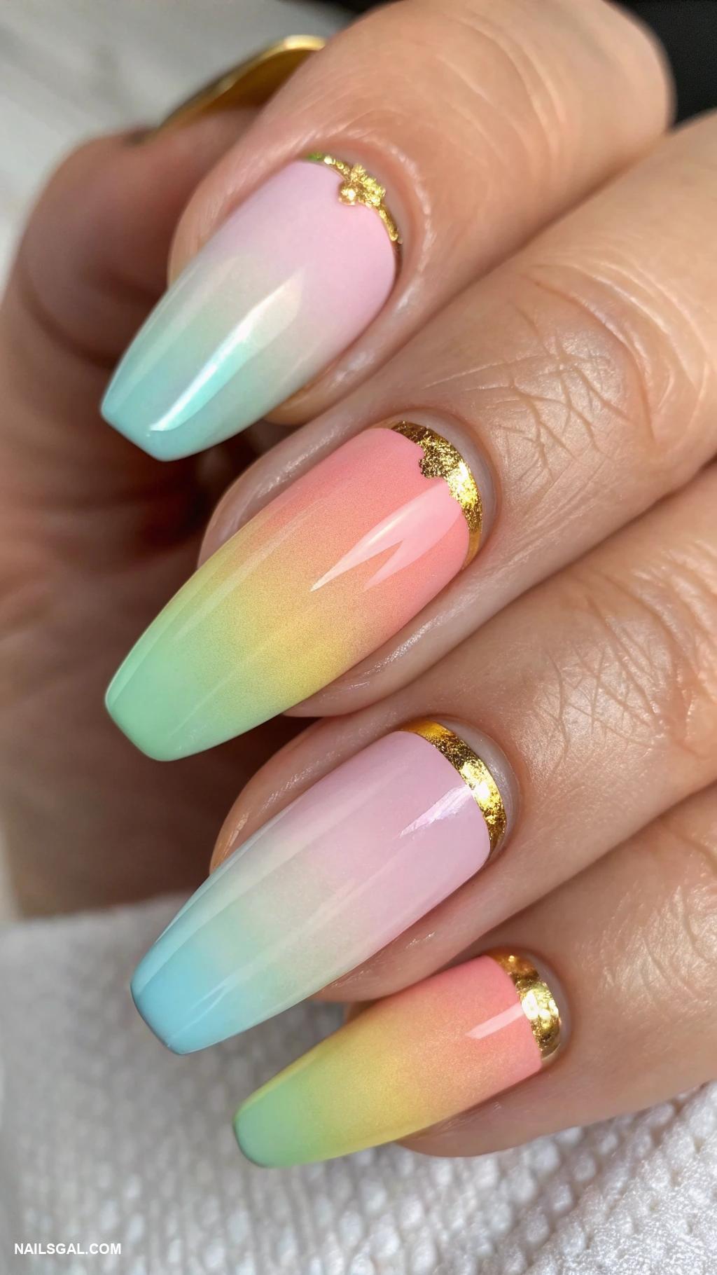 st patricks day nails Pastel rainbow ombre with gold tips