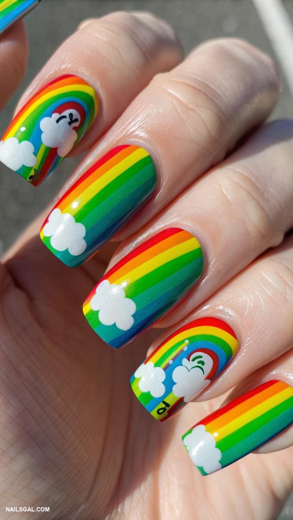 st patricks day nails Rainbow stripes with cloud nail art