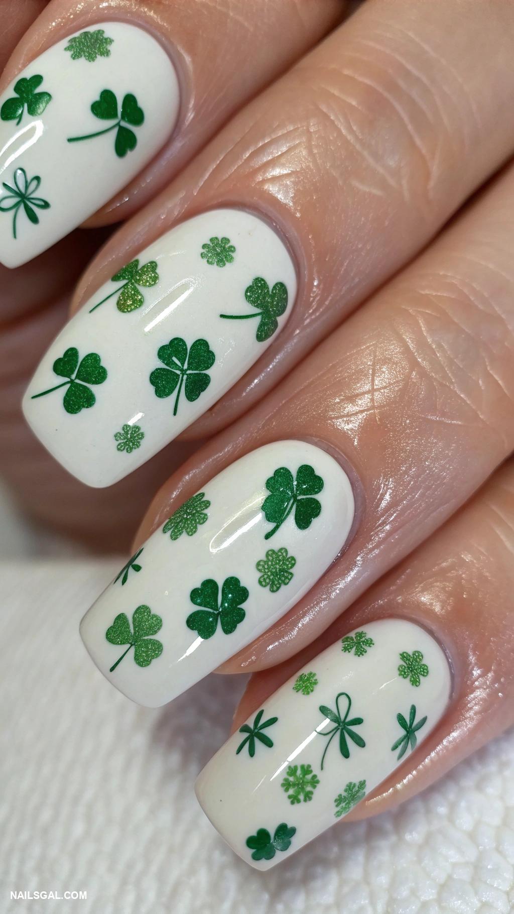 st patricks day nails Simple white base with green shamrock decals