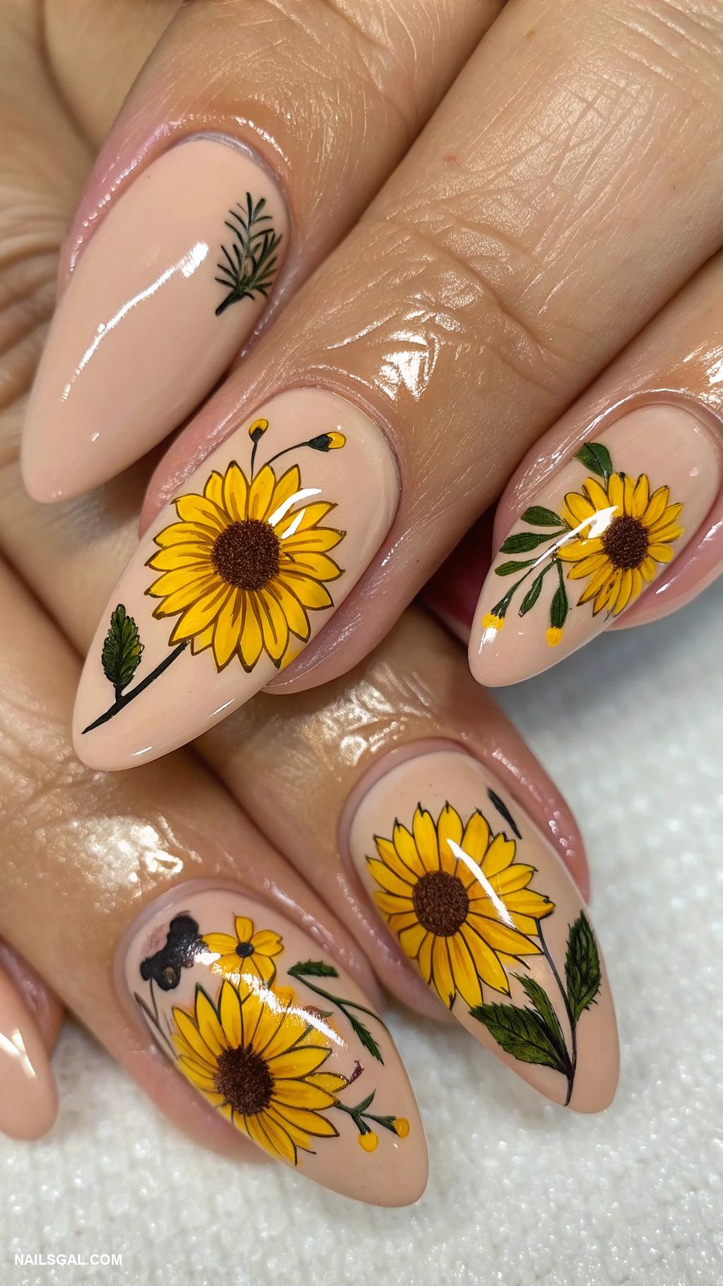 sunflower nails Bright yellow sunflower with green leaves