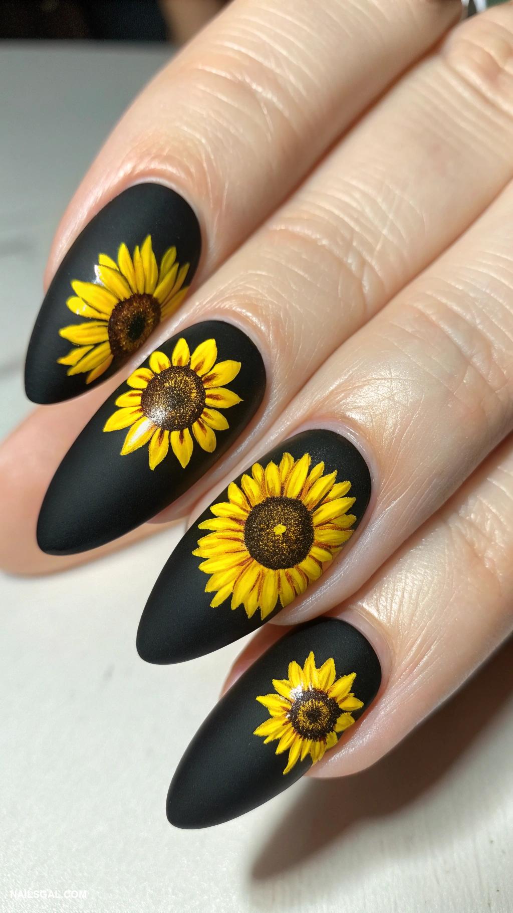 sunflower nails Matte black nails with sunflower decals