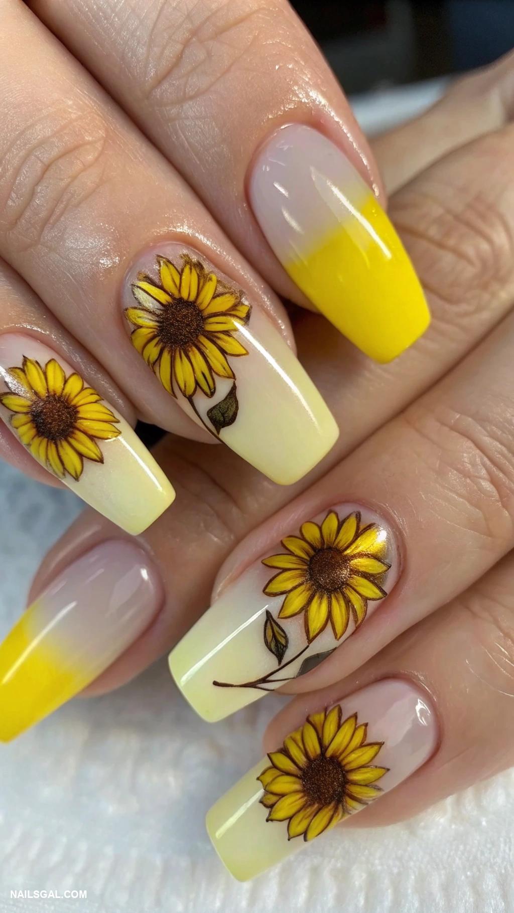 sunflower nails Ombre nails with sunflower tips
