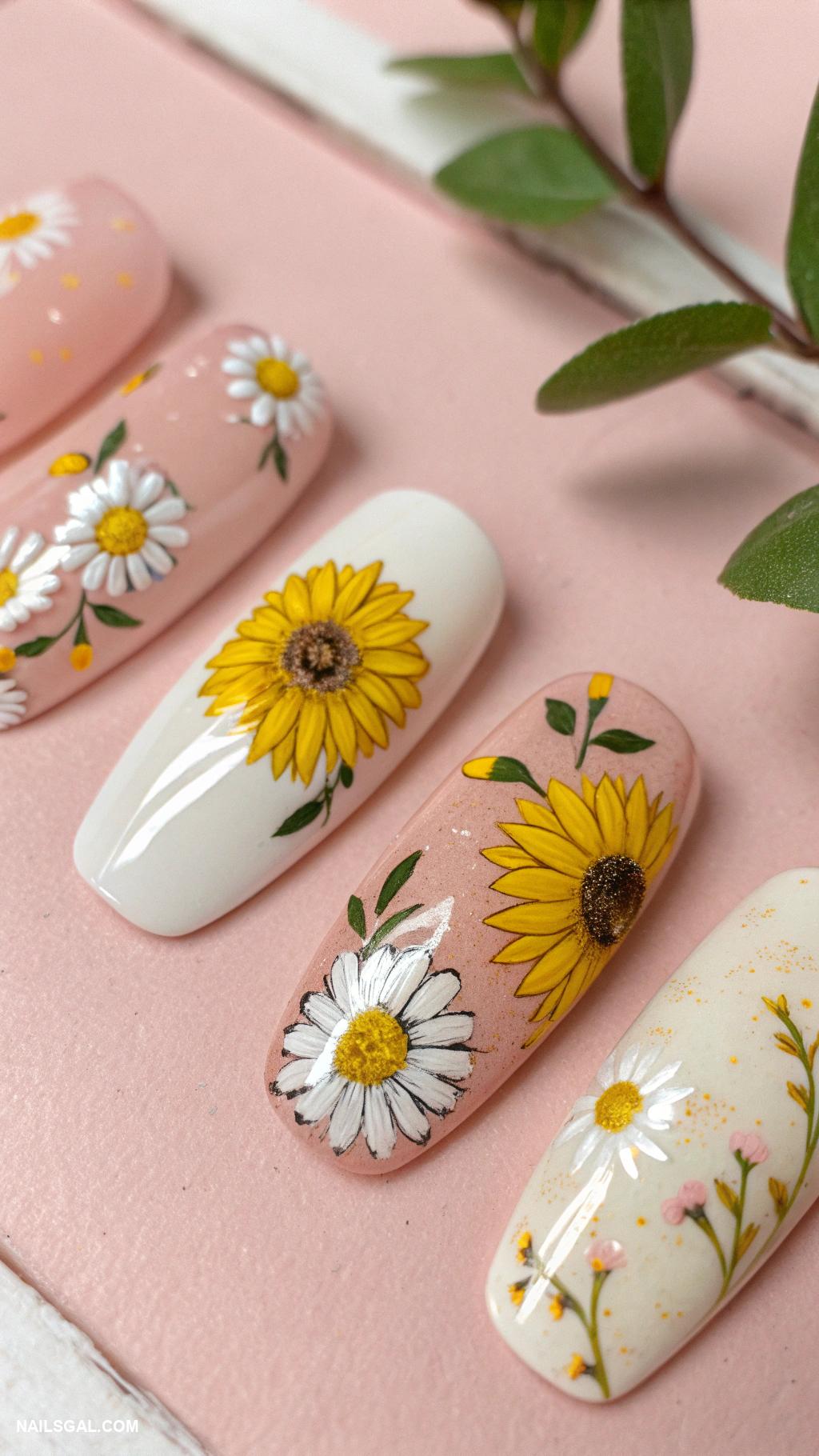 sunflower nails Pastel sunflower designs on soft pink