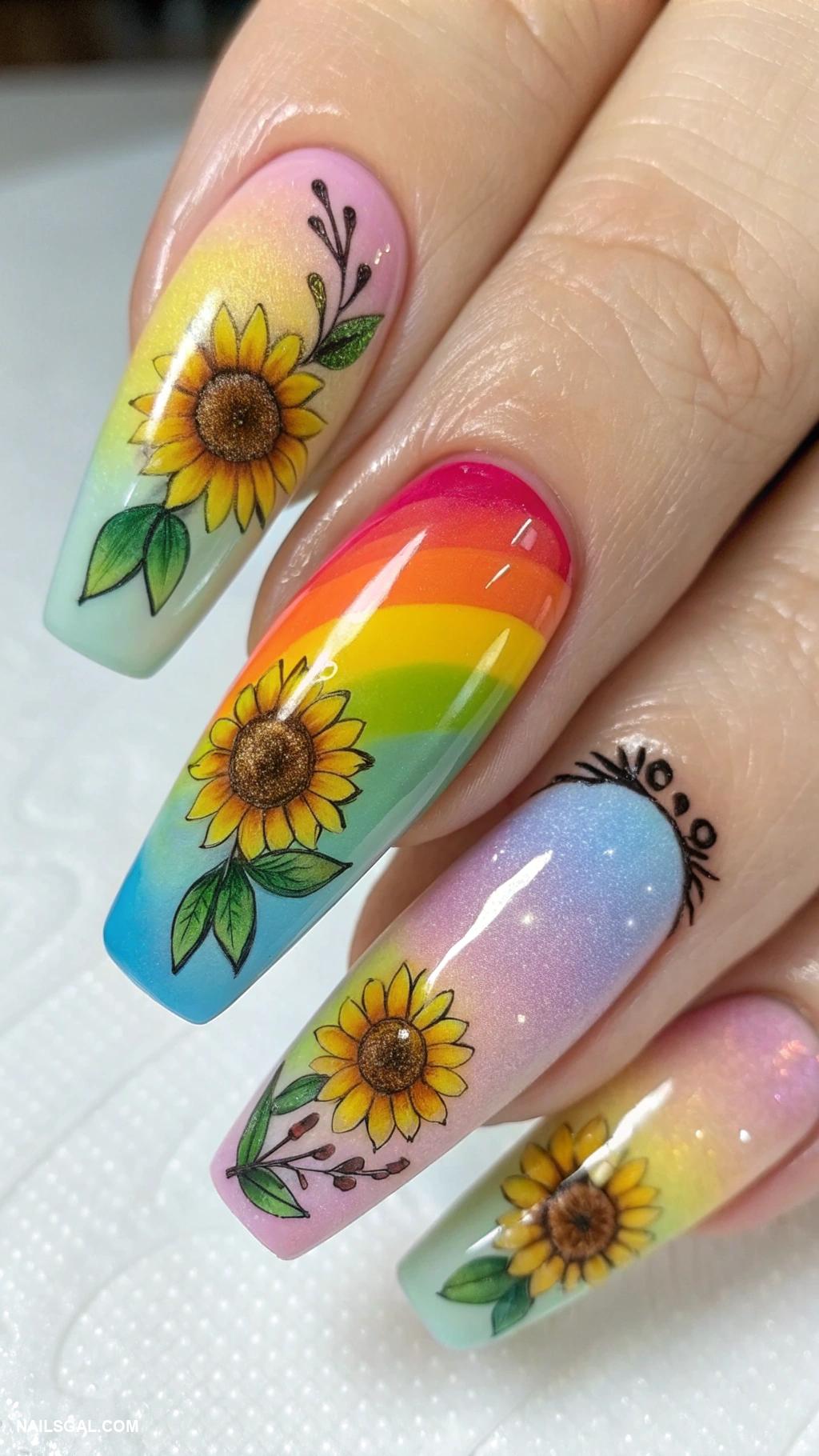 sunflower nails Rainbow gradient nails featuring sunflowers