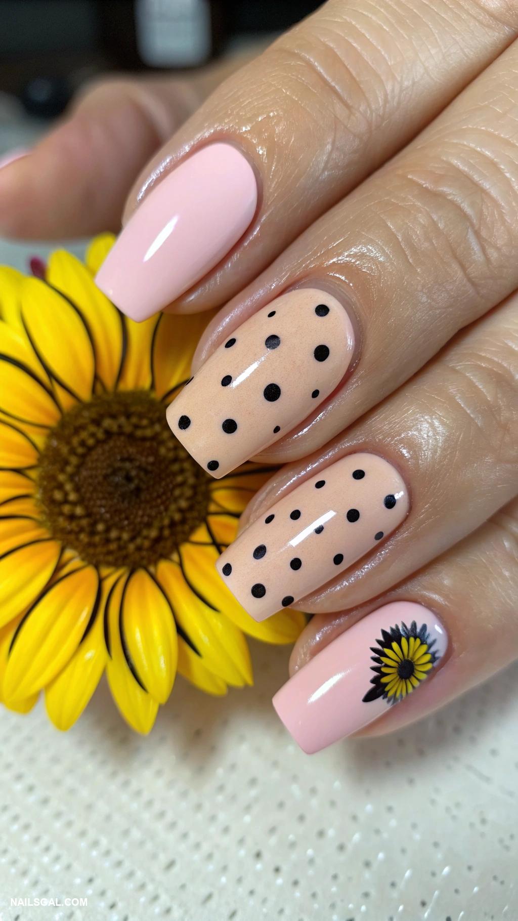 sunflower nails Sunflower accent nail with polka dots
