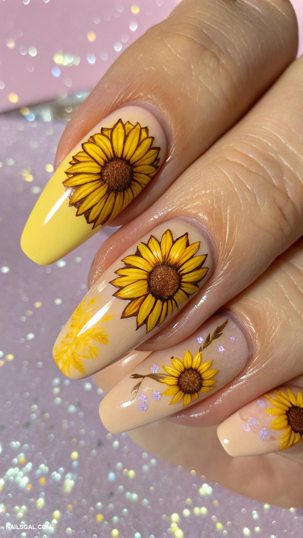 sunflower nails Sunflower outline with glittery background