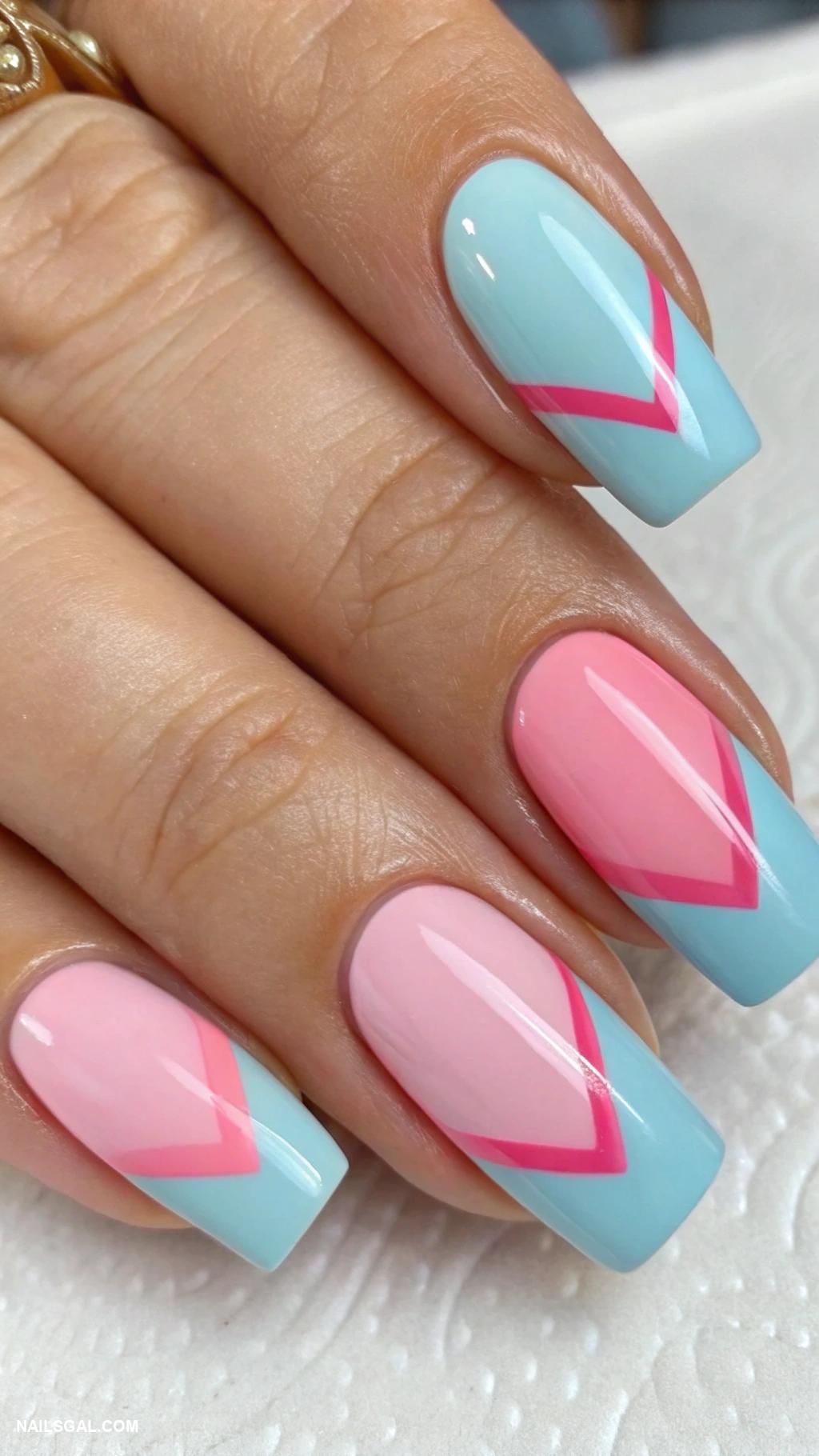 blue and pink nails Color block with contrasting tips