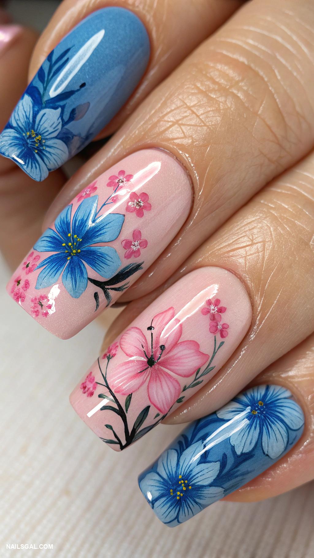 blue and pink nails Floral designs in blue and pink