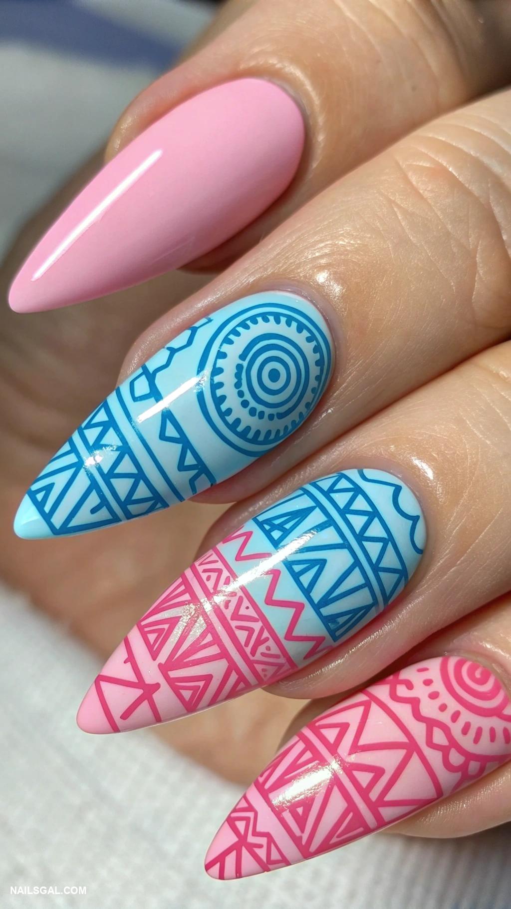 blue and pink nails Geometric patterns in pink and blue