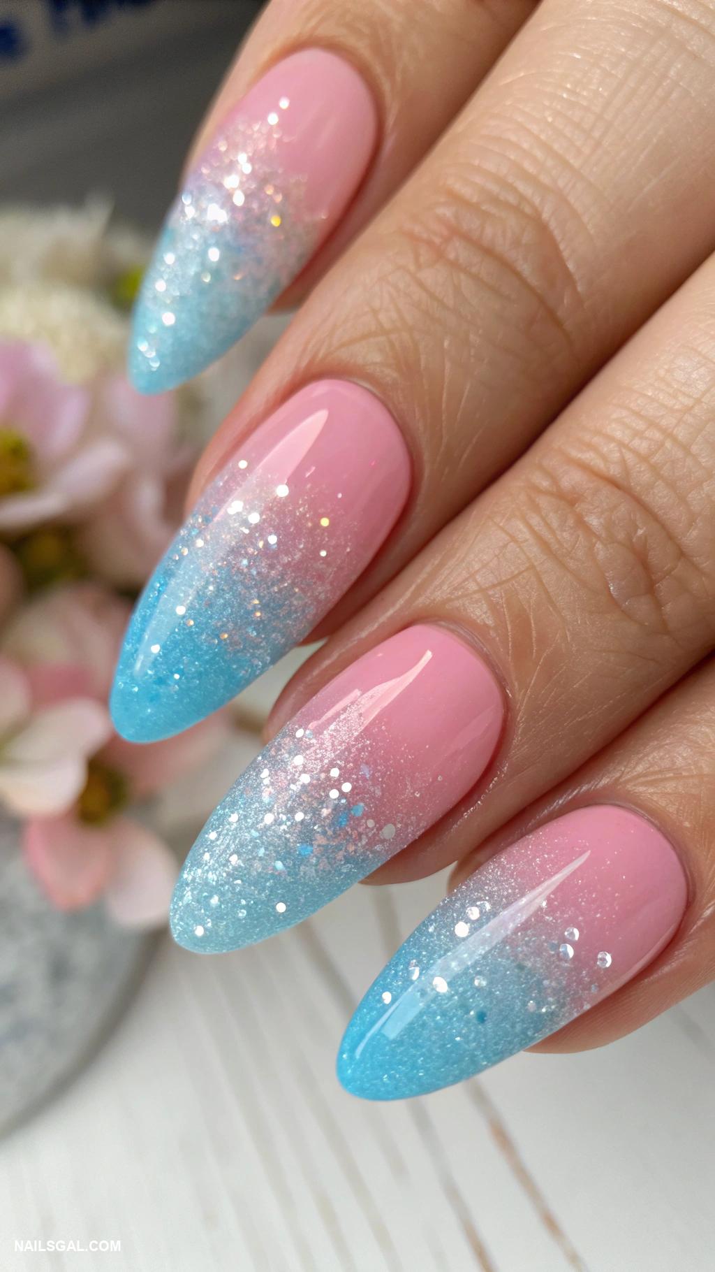 blue and pink nails Glitter gradient effect on nails