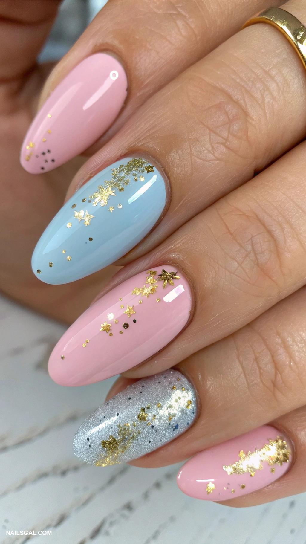 blue and pink nails Half and half color design