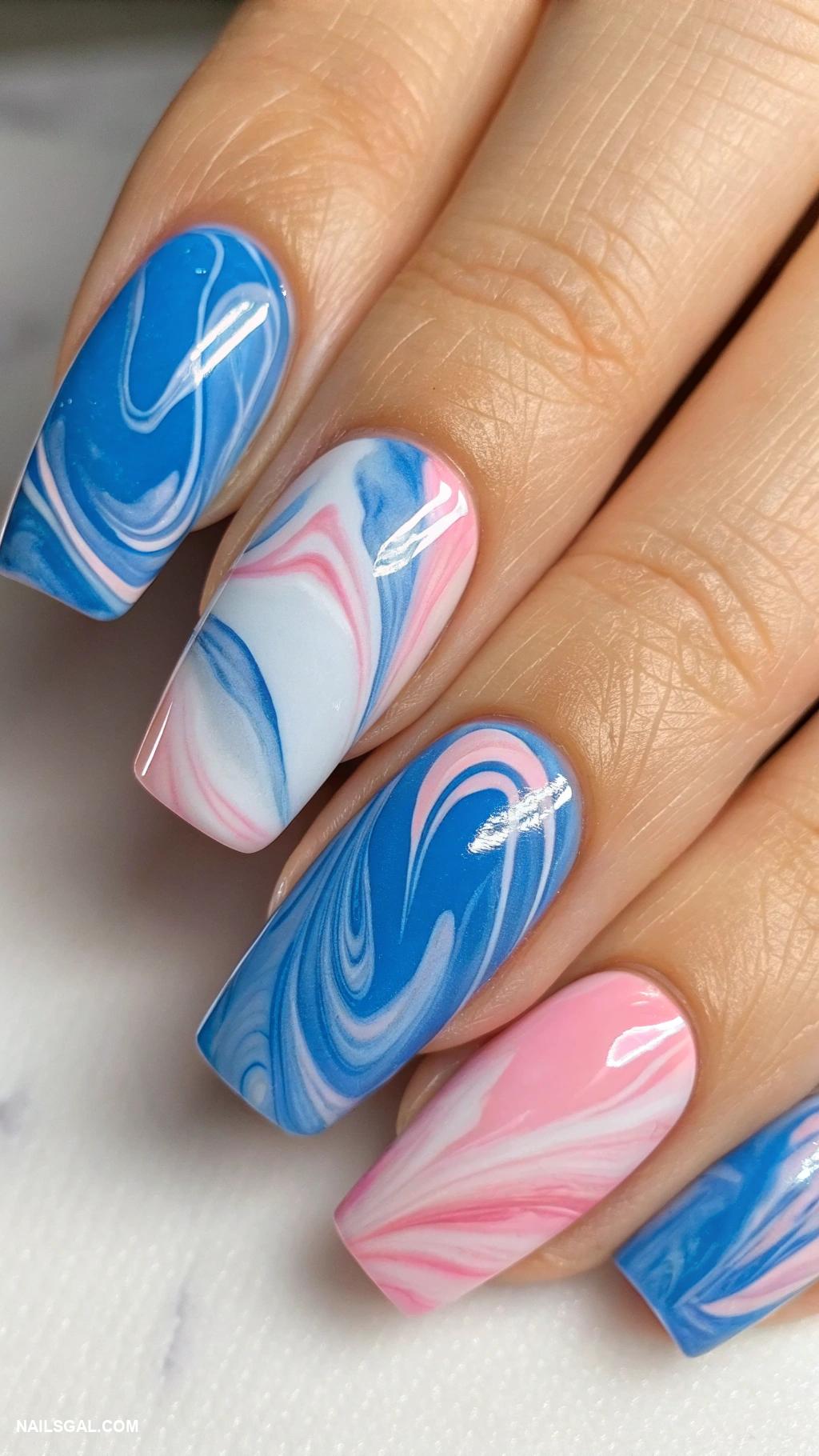 blue and pink nails Marble effect using both colors