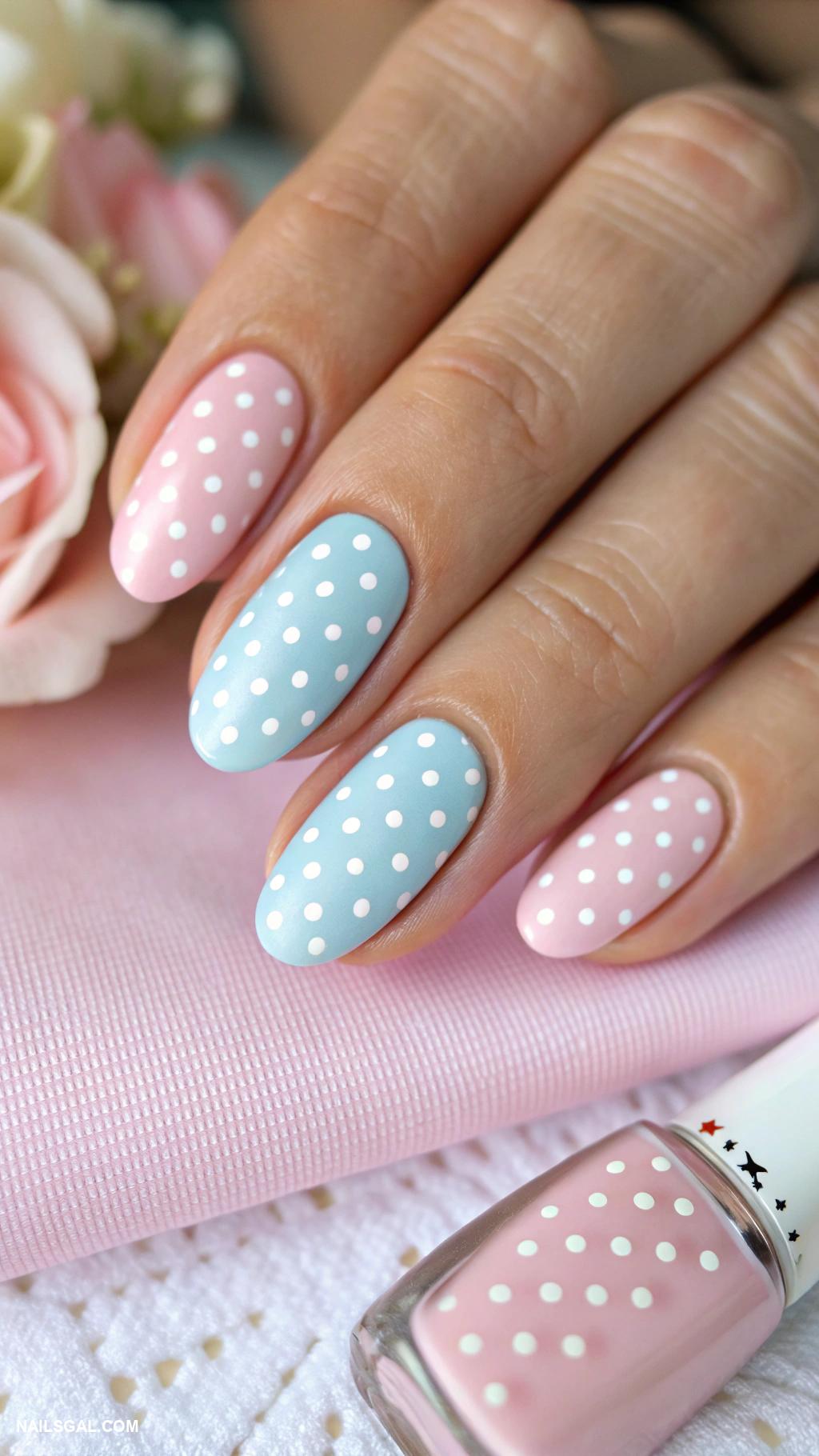blue and pink nails Polka dots on pastel background