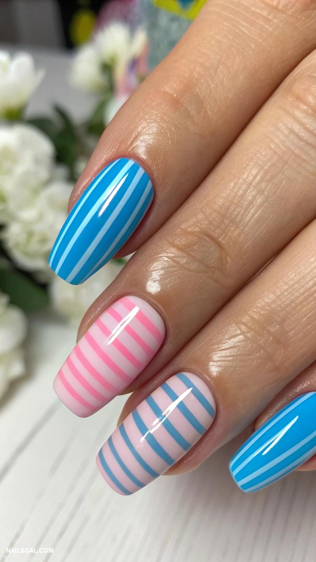 blue and pink nails Stripes in alternating colors