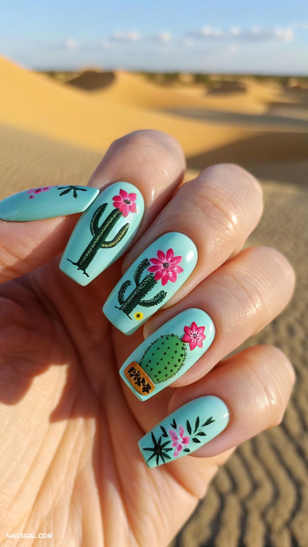 cinco de mayo nails Cacti and desert landscape nails