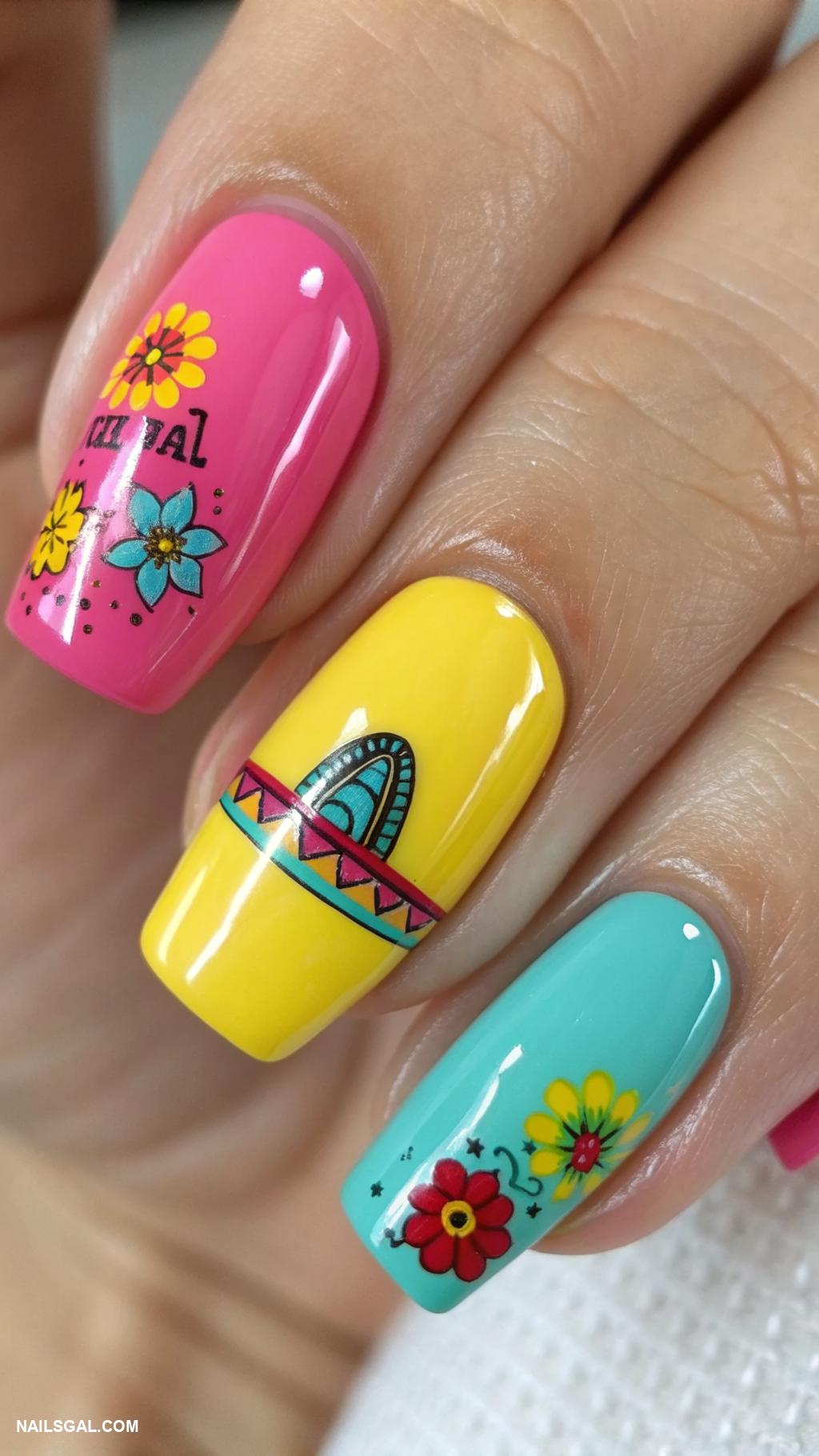cinco de mayo nails Colorful sombrero accent nails