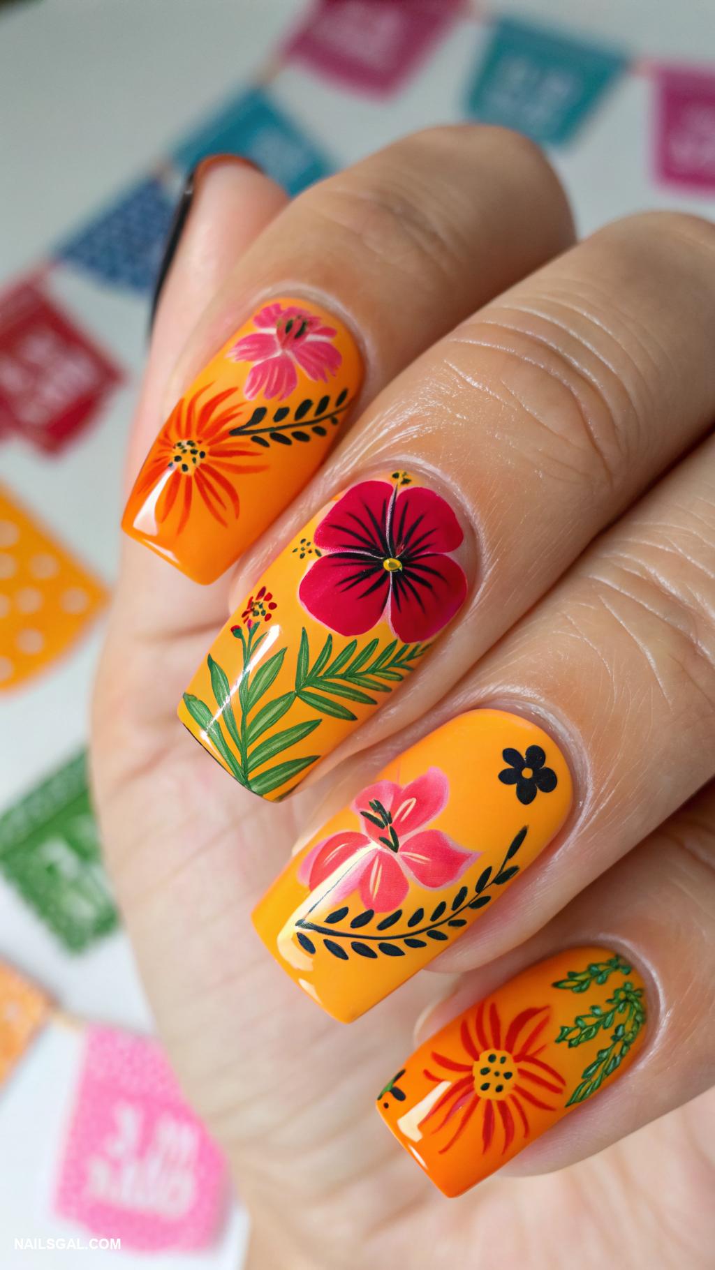cinco de mayo nails Fiesta themed floral designs