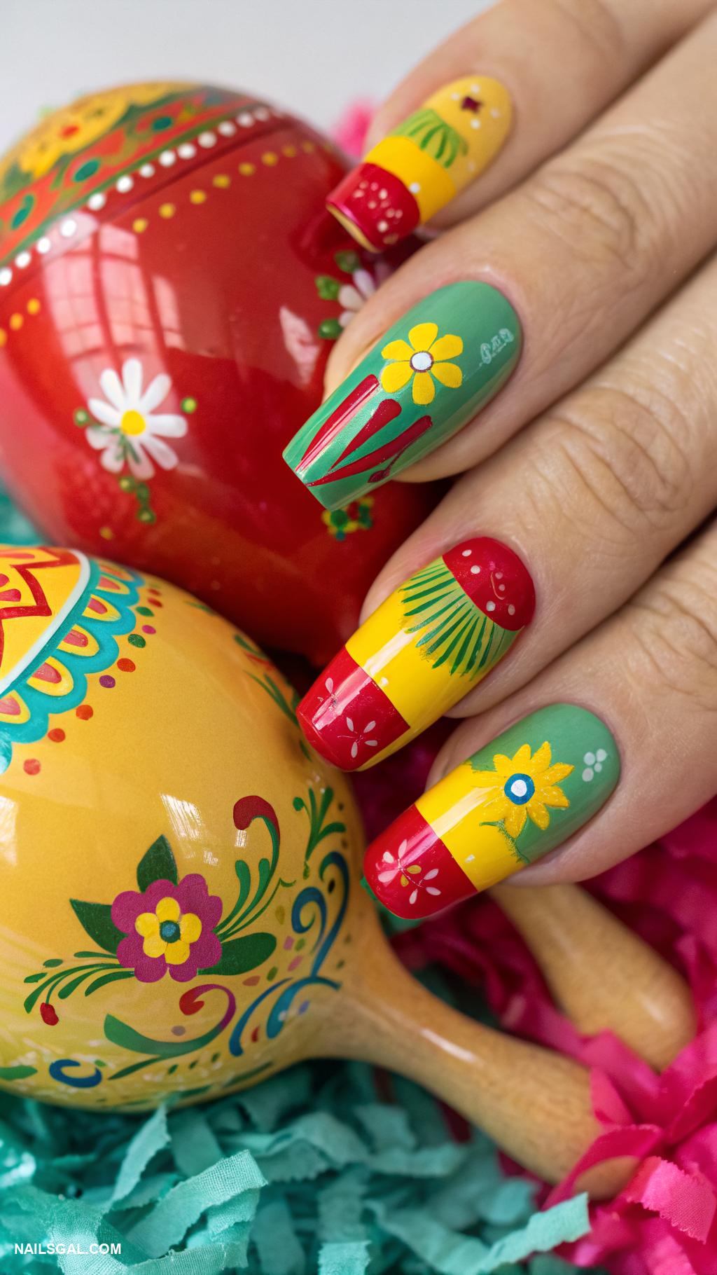 cinco de mayo nails Maracas and festive confetti nails