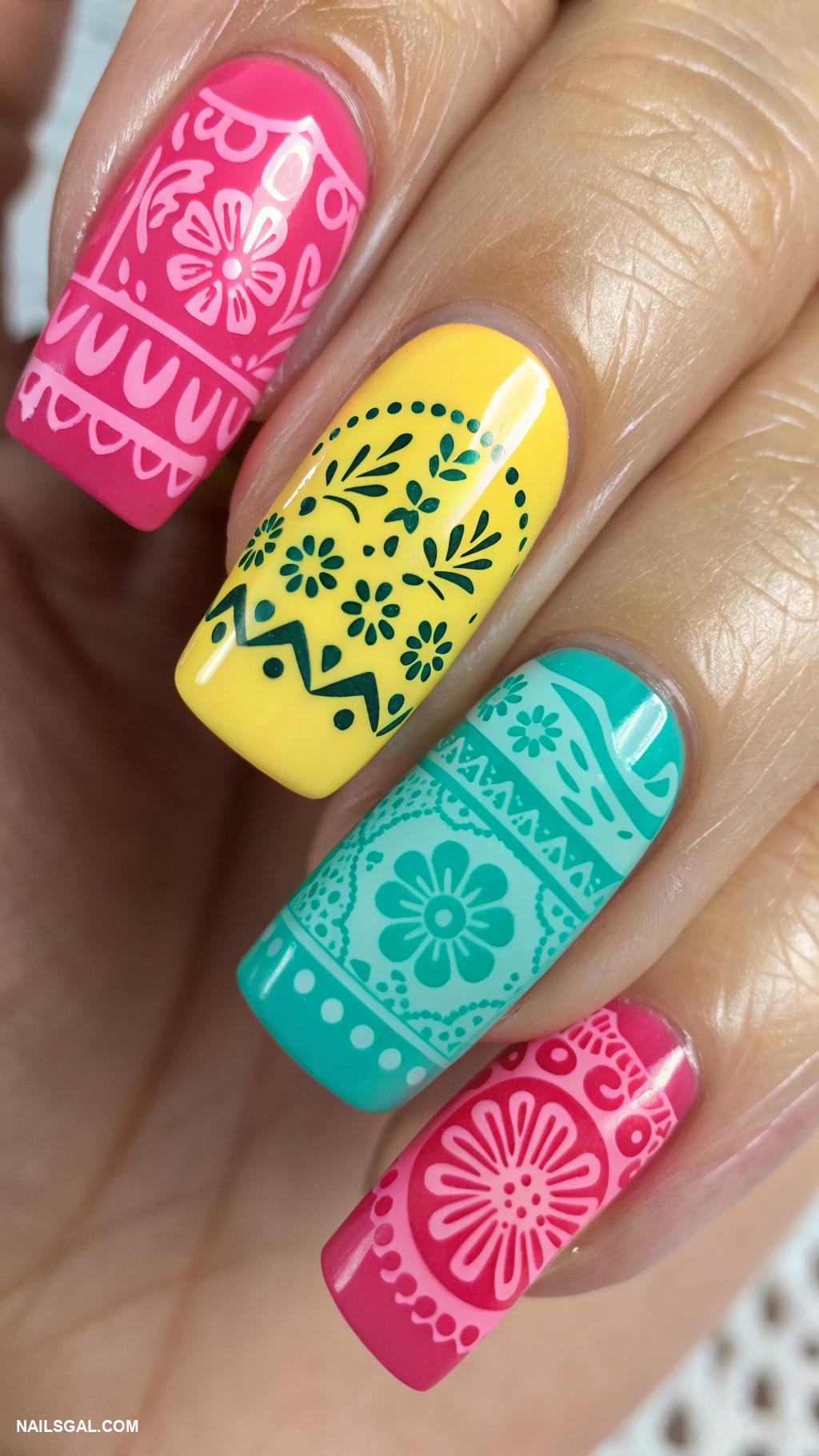cinco de mayo nails Papel picado patterns on tips