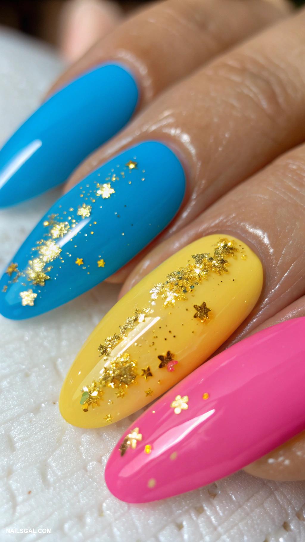 graduation nails acrylic Bright solid colors with gold flecks