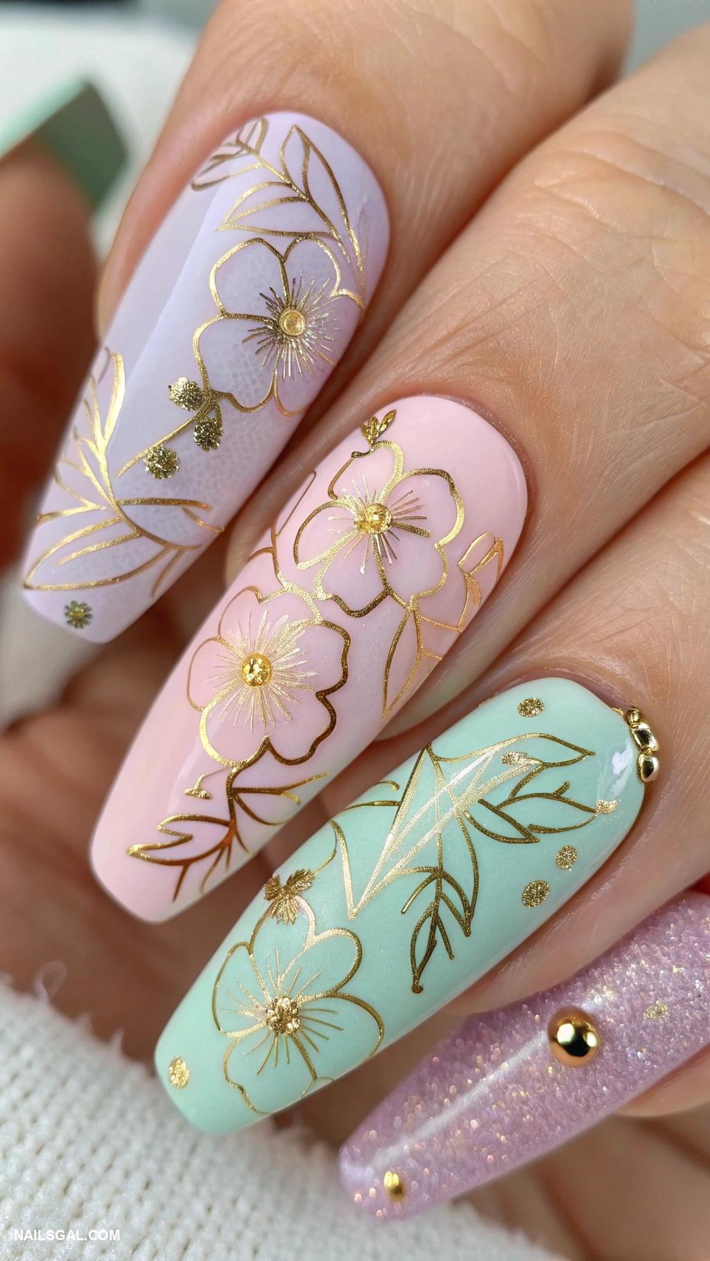graduation nails acrylic Floral patterns with gold accents