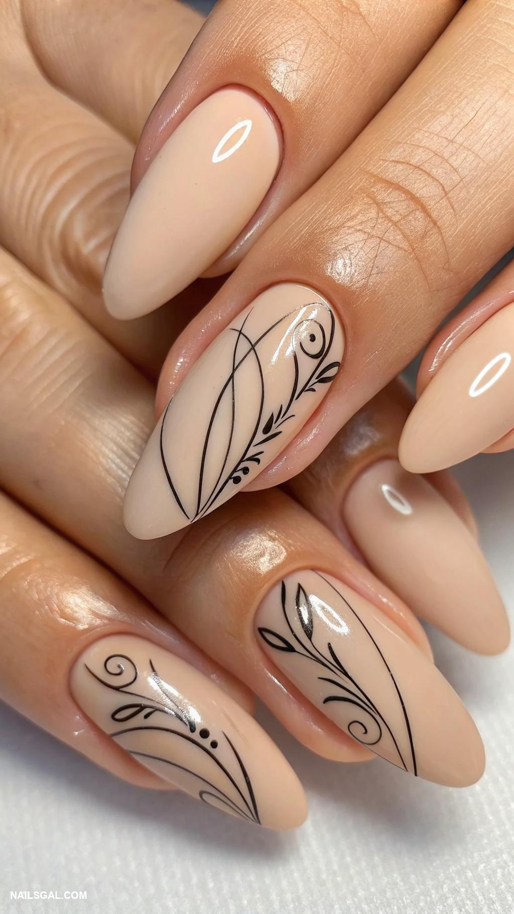 neutral acrylic nails Beige nails with minimalist line art