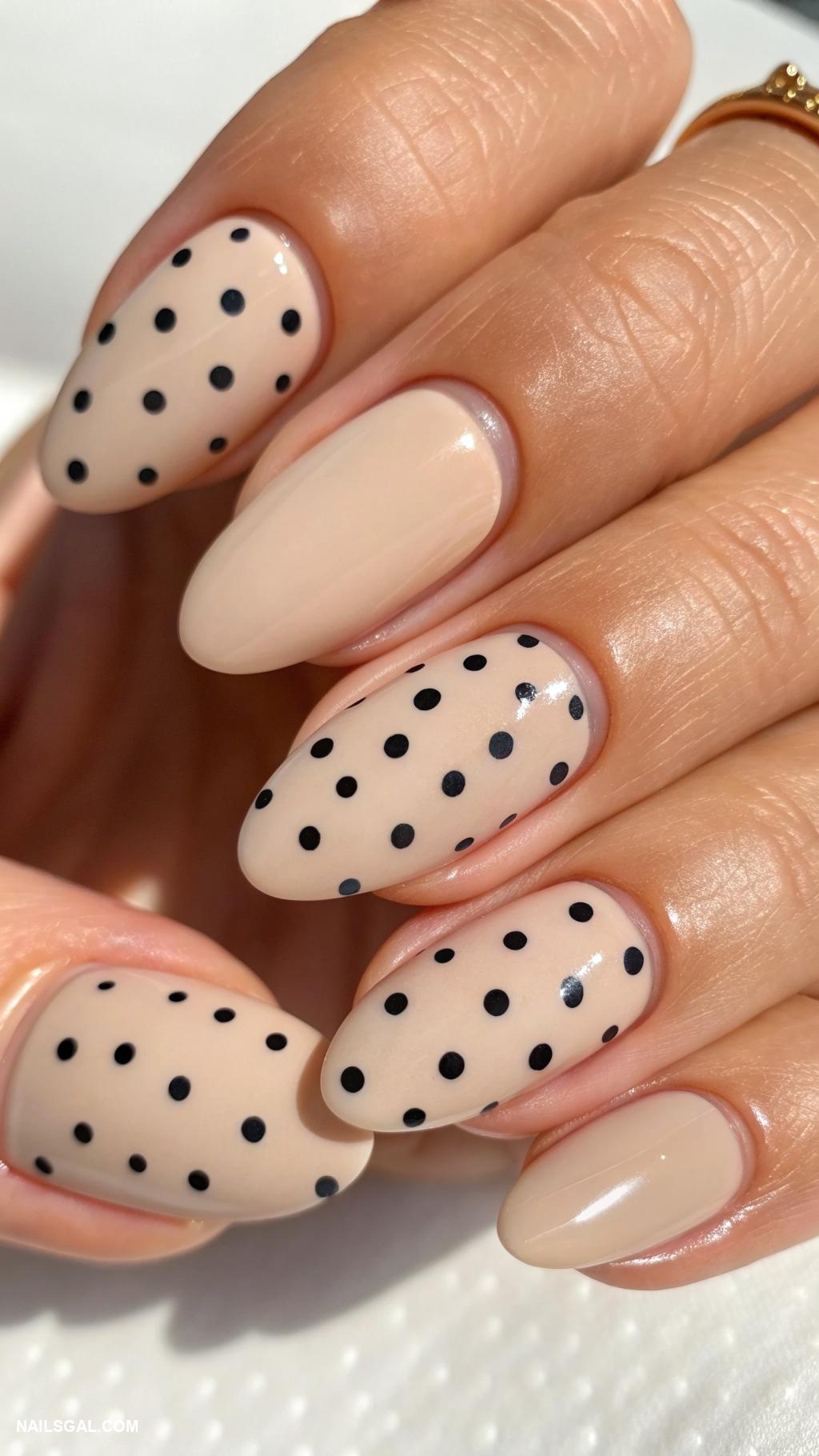neutral acrylic nails Cream base with matte polka dots
