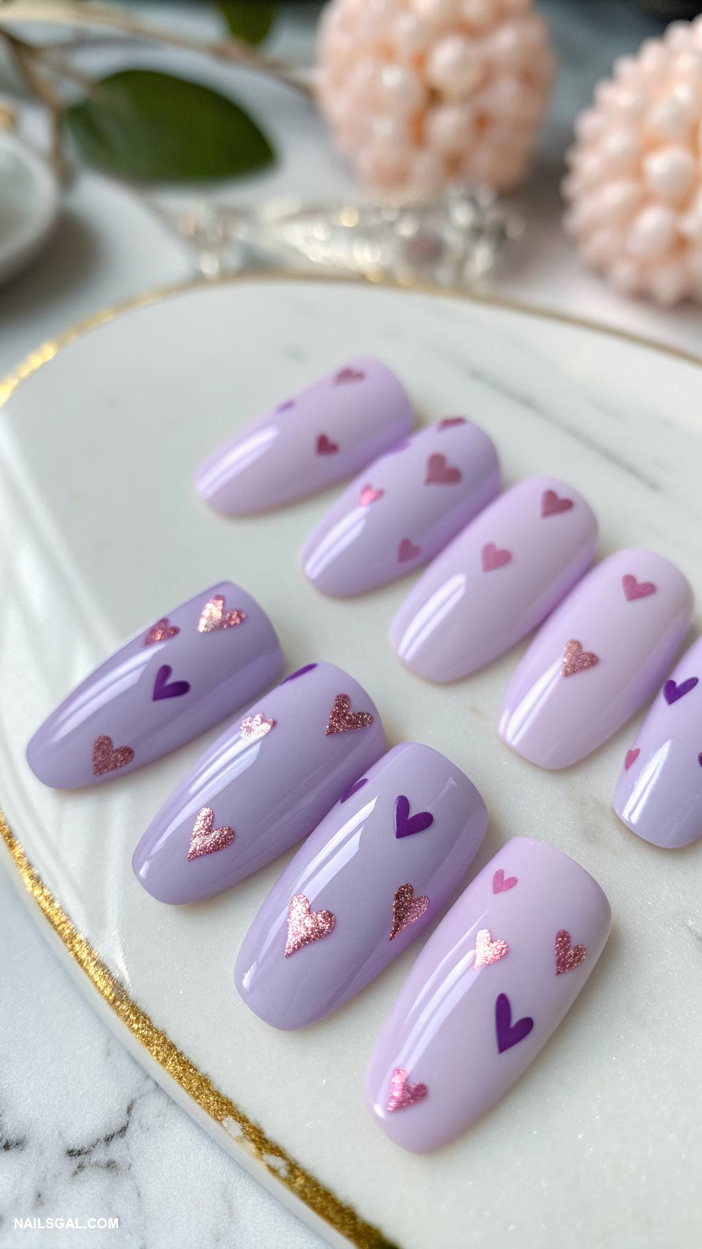 neutral acrylic nails Lilac nails with tiny heart decals