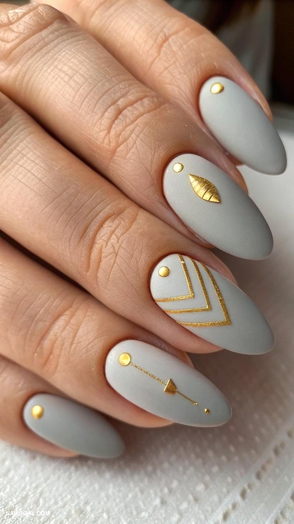 neutral acrylic nails Matte gray with gold accent nails